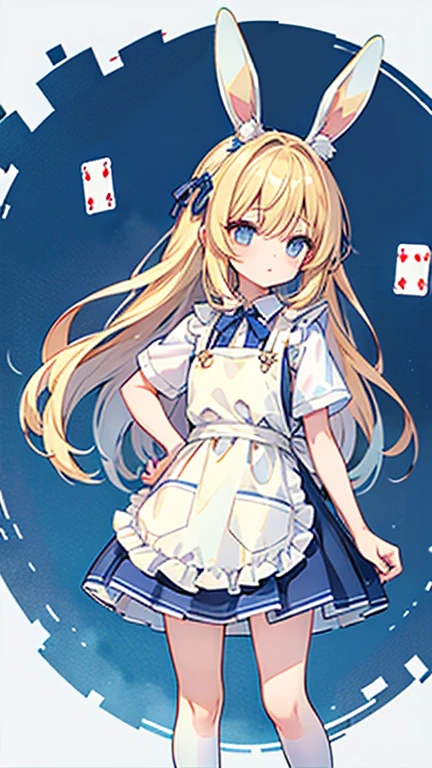 1girl, solo, long hair, blue eyes, blonde hair, crown, sitting, pantyhose, dress, bow, card, apron, hairband, playing card, looking at viewer, short sleeves, hair bow, blue hairband, smile, blush, hand on own face, blue dress, alice (alice in wonderland), hair between eyes, chair, black pantyhose, blue bow, throne, puffy sleeves, hand on own cheek, bangs, puffy short sleeves, ribbon, very long hair, mini crown, feet out of frame, frills, white apron, :q, masterpiece, best quality, (((lift skirt, white panty, camel toe))),