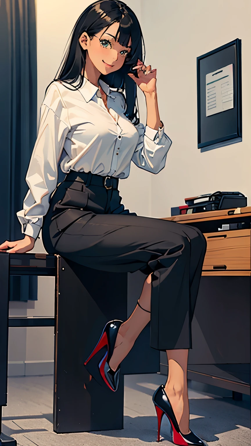 ((masterpiece, high resolution, better quality, better details)), ((Smiling)), ((one girl)) a girl speaking on the phone at a desk, full body, wearing a button-up blouse and wide-leg trousers, ((Louboutin high heels)), green eyes, ((black hair, long hair)), shiny skin, ((front view)), solo, from the front, full body, focus full body, business casual, surrounded by office supplies