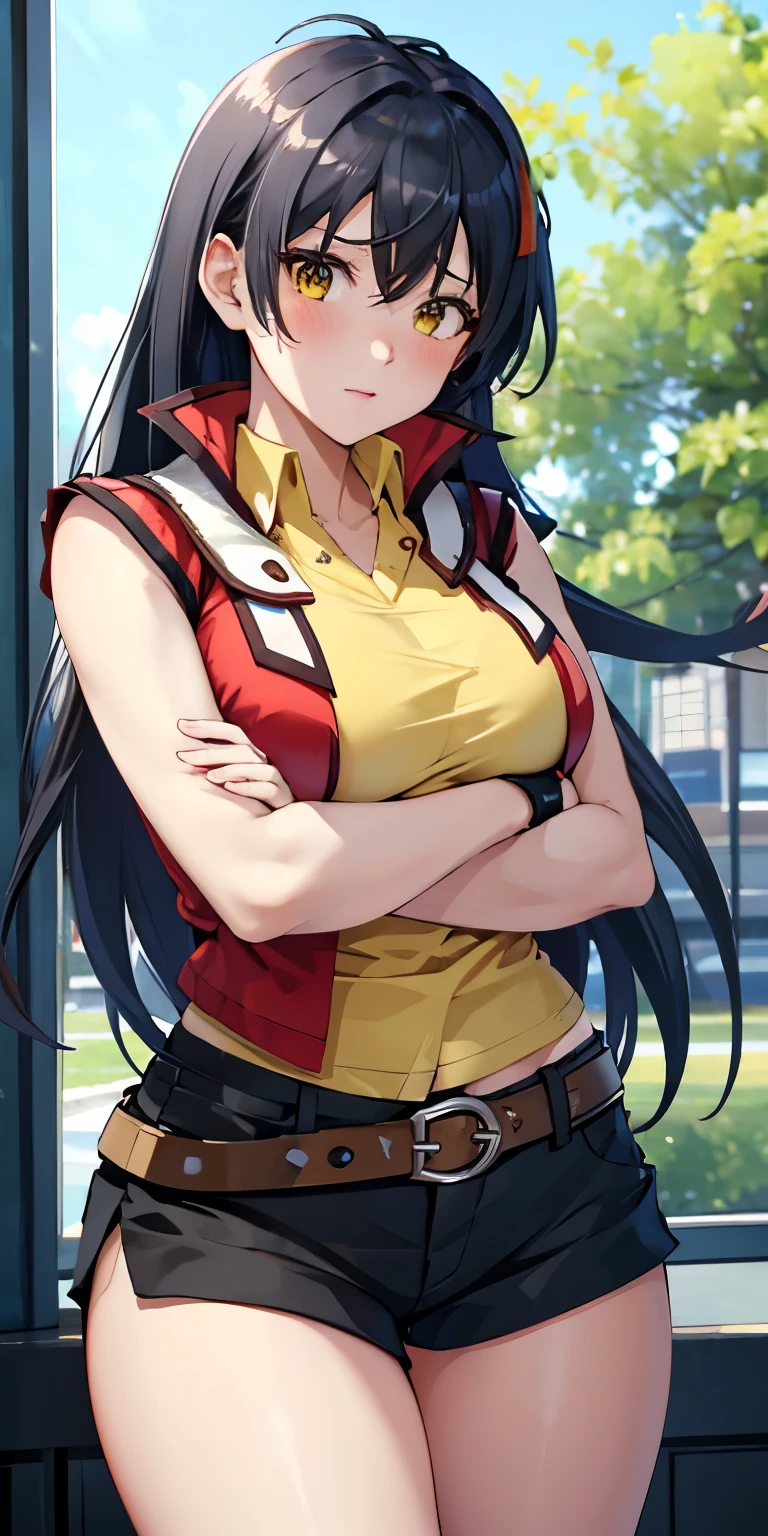 1 Female,High definition,high resolution,Ultra-realistic,8K, hmrei, long hair, black hair,yellow eyes,red jacket ,collared shirt, yellow shirt, sleeveless, belt, black shorts, black gloves, large breasts,European,sexy,Upper body close-up,Photographed from the front,Dynamic Angles,(blush), (medium tits) ,(wide thighs), bedroom,(crossed arms)