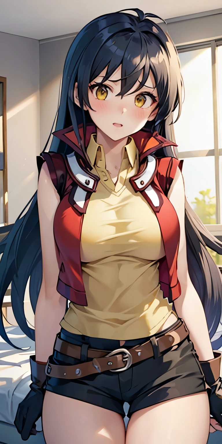 1 Female,High definition,high resolution,Ultra-realistic,8K, hmrei, long hair, black hair,yellow eyes,red jacket ,collared shirt, yellow shirt, sleeveless, belt, black shorts, black gloves, large breasts,European,sexy,Upper body close-up,Photographed from the front,Dynamic Angles,(blush), (medium tits) ,(wide thighs), bedroom,(pointing at viewer)