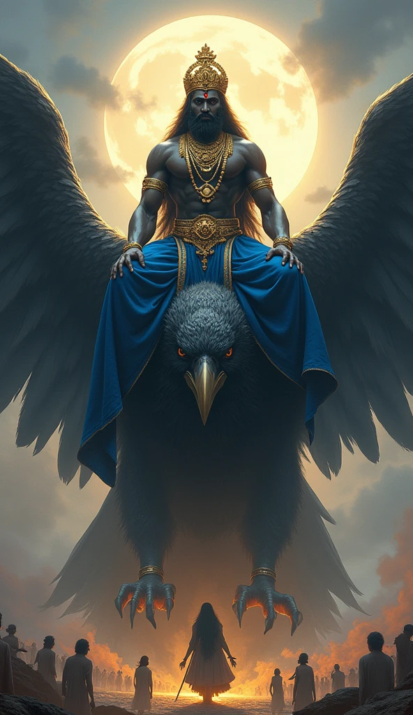 one men, dark-skinned, decorated with swirls of gold paint, On her head is a crown of rubies and sapphires. rides a blue phoenix