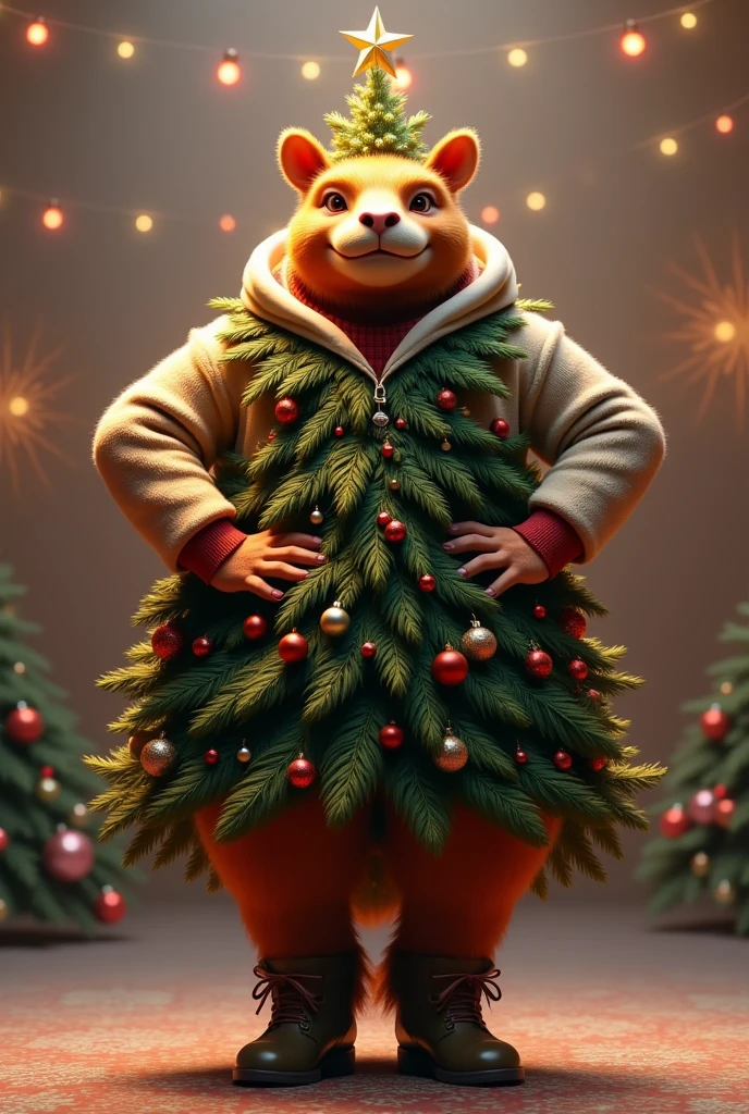 photorealistic portrait of Dressed animals - a ((fat)) (mammoth) performer,(Art by loish:1.2),(Christmas theme),(cute),(happy smile:1.2), (elegant),(hands on hips:1.5), high quality,(lovely) ,(highly detailed Christmas tree costume:1.5),Christmas motif accessories, ,(highly detailed hoodie inspired by Christmas tree), ( boots),(Christmas atmosphere), (happy), soft lighting,(full body image:1.5),Christmas  background, ,score_9, score_8_up, score_7_up, score_6_up, score_5_up, score_4_up,(looking at the camera:1.5)