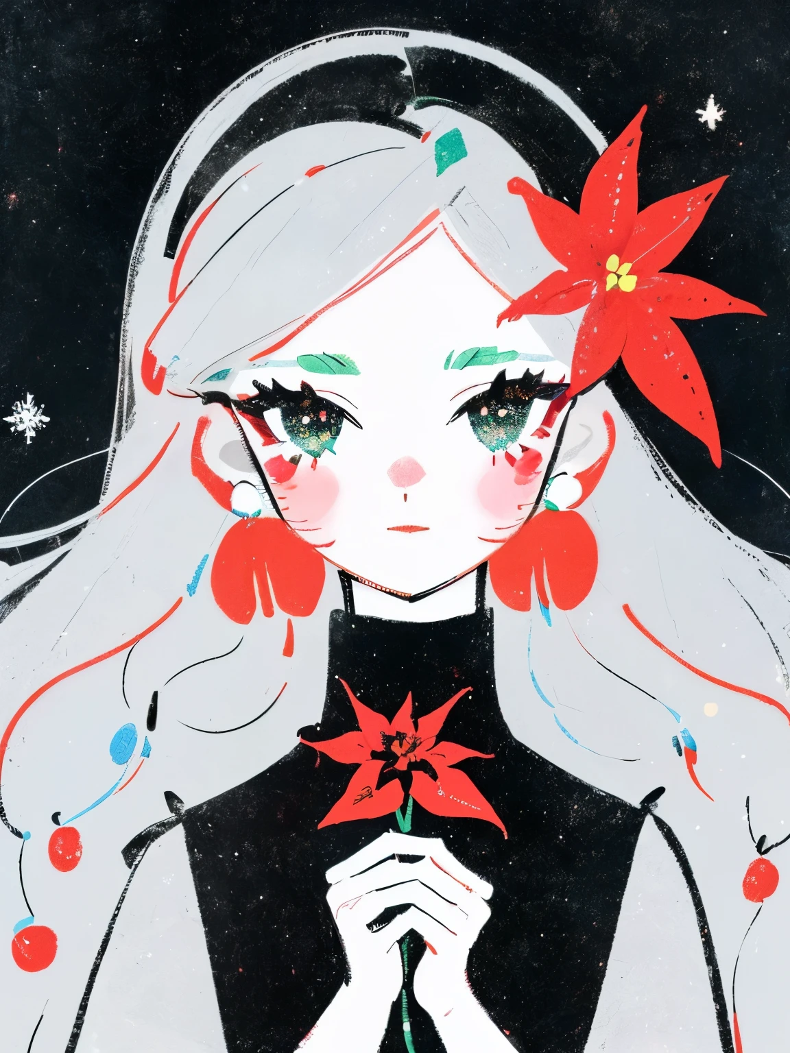 Illustration of (a poinsettia flower on her face), soft lines, winter, christmas vibe, 1girl, cute face,use only white color, glitter, sparkling, juxtapositions extraordinary, thick brush strokes
