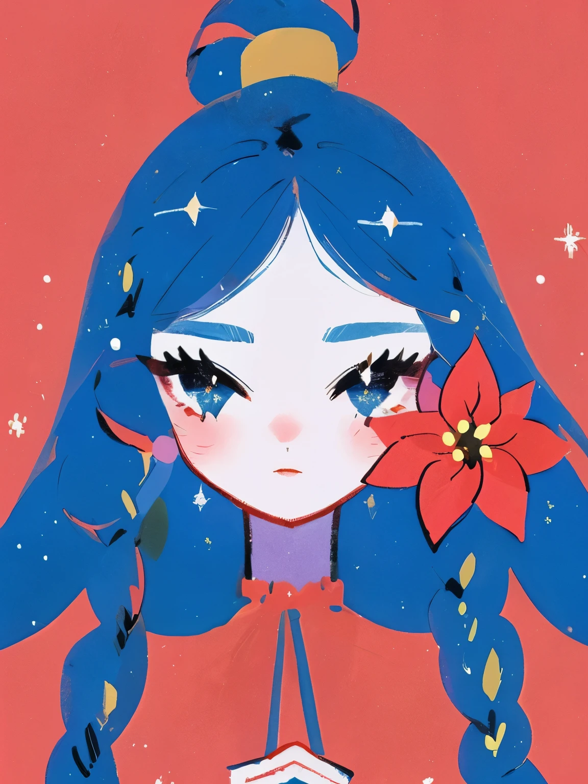 Illustration of (a poinsettia flower on her face), soft lines, winter, christmas vibe, 1girl, cute face,use only white color, glitter, sparkling, juxtapositions extraordinary, thick brush strokes
