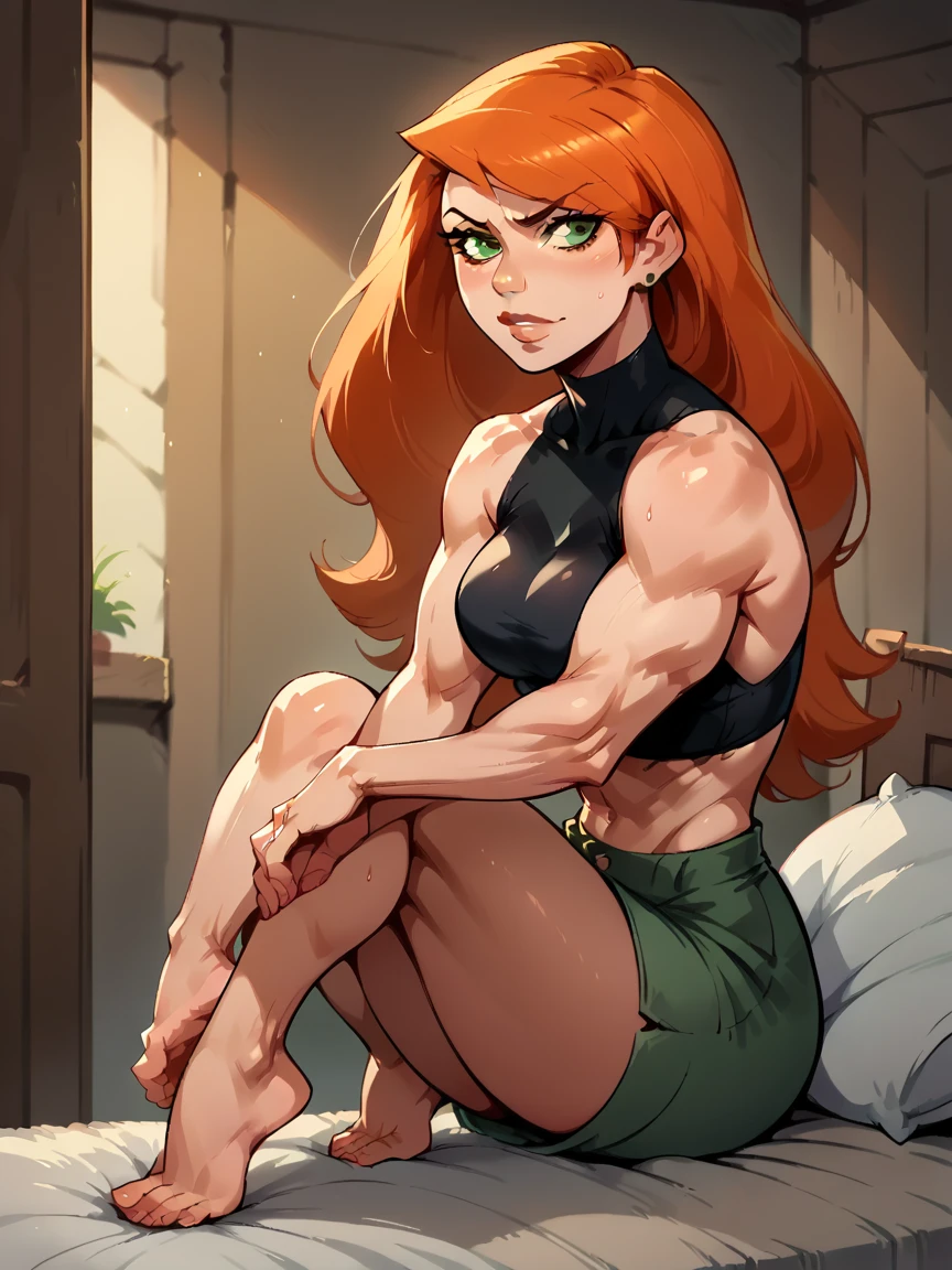 Score_9, Score_8_high, Score_7_high, Score_6_high, Score_5_high,  kim possible,  1 girl, Alone, green eyes,  long hair, bauchnabel, orange hair big muscles, muscular body, fox ears, big breast, full body,  feet