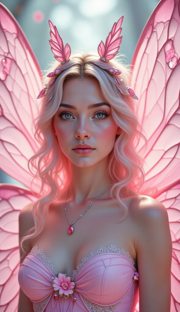 breathtaking a symmetrical portrait of a female fantasy character with large, 
symmetrical butterfly wings. The wings have a delicate structure with intricate patterns, 
illuminated in soft pink hues. Her complexion is radiant and ethereal, 
with a soft pink blush that harmonizes with the colors of her wings. Her facial features are tranquil and perfectly symmetrical, 
with prominent cheekbones and wide, 
captivating eyes. She possesses elongated, 
pointed ears, 
delicately adorned with pink crystals, 
signifying her magical heritage. She wears a bodice that features a floral design with soft, 
satin-like textures and lace detailing in shades of pink. The backdrop is a dreamy, 
blurred fusion of pink and white tones, 
enhancing the enchanting and surreal aura of the image. . award-winning, 
professional, 
highly detailed