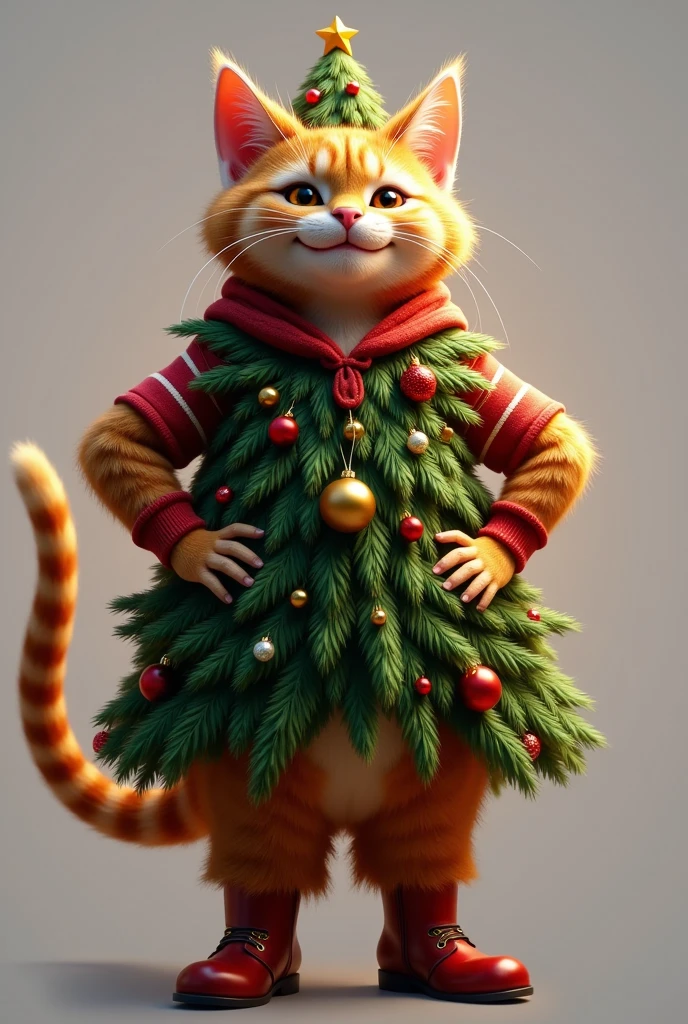 photorealistic portrait of Dressed animals - a ((fat)) (Cheshire cat) performer,(Art by loish:1.2),(Christmas theme),(cute),(happy smile:1.2), (elegant),(hands on hips:1.5), high quality,(lovely) ,(highly detailed Christmas tree costume:1.5),Christmas motif accessories, ,(highly detailed hoodie inspired by Christmas tree), ( boots),(Christmas atmosphere), (happy), soft lighting,(full body image:1.5),(Christmas  background), ,score_9, score_8_up, score_7_up, score_6_up, score_5_up, score_4_up,(looking at the camera:1.5)