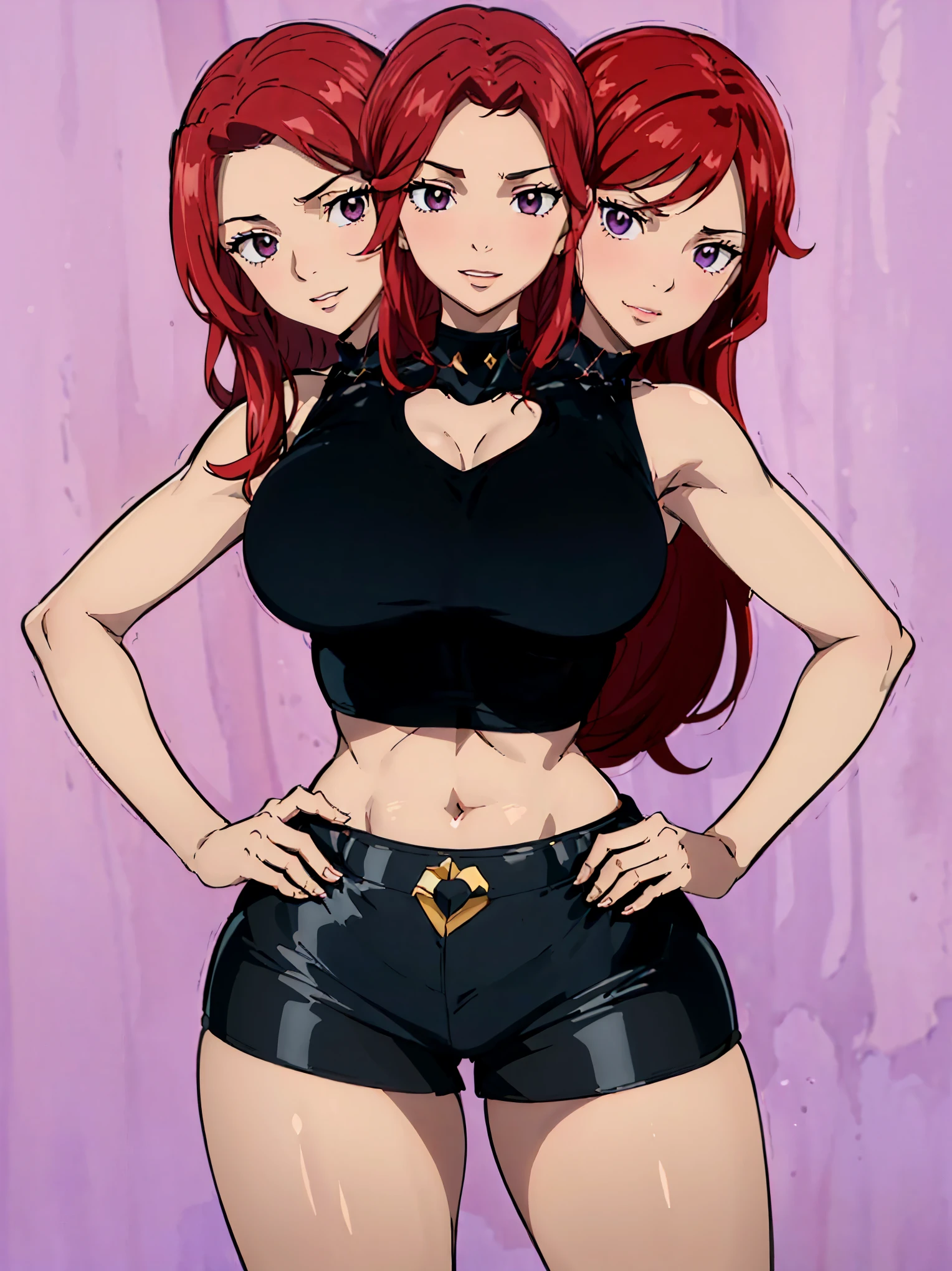 (masterpiece),(ultra-detailed), (high quality), (high resolution), best quality:1.5, UHD, 16K), best quality, masterpiece, ((3heads:1.5)), 1girl, Ultra resolution, 16k, best quality, 1girl,, (red hair), long hair, violet eyes, sleeveless high-collar crop top with a diamond-shaped cutout, midriff, (black shorts), gentle smile, blushing, ((detailed eyes)), (crop top), (sharp looking eyes), sexy woman, ((seductive silhouette)), sexy proportions, lustrous, three headed woman