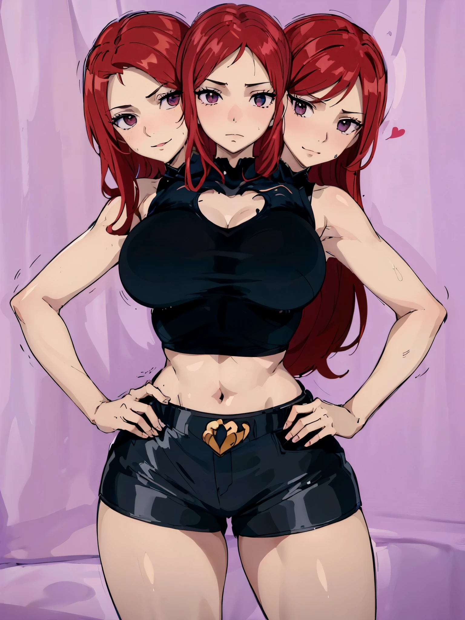 (masterpiece),(ultra-detailed), (high quality), (high resolution), best quality:1.5, UHD, 16K), best quality, masterpiece, ((3heads:1.5)), 1girl, Ultra resolution, 16k, best quality, 1girl,, (red hair), long hair, violet eyes, sleeveless high-collar crop top with a diamond-shaped cutout, midriff, (black shorts), gentle smile, blushing, ((detailed eyes)), (crop top), (sharp looking eyes), sexy woman, ((seductive silhouette)), sexy proportions, lustrous, three headed woman