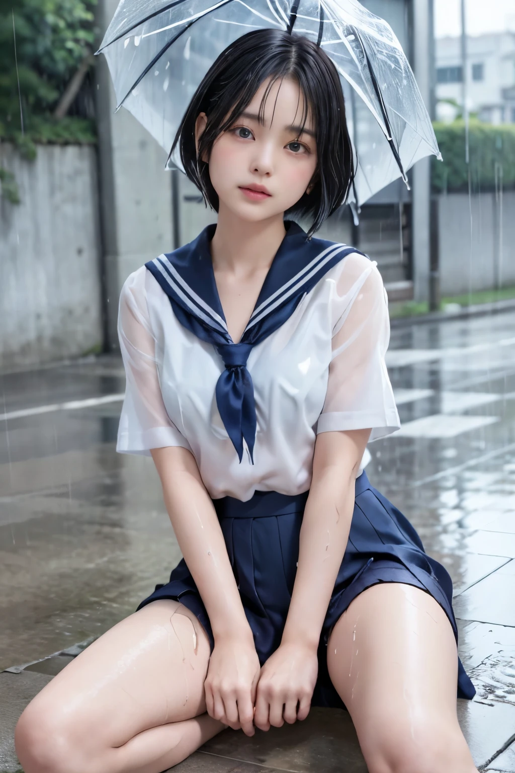  Masterpiece、( top quality:1.4)、1girl、(nsfw)、 super detailed 、low angle、foot focus、foot close-up　 black hair、 Belly Shorthair、parted hair　 big eyes、Forehead、 small face　日本の女子高生の sailor suit、 sailor suit、 skirt、プリーツ skirt、see-through、see-through brassiere、 small breasts、 Soft Thighs、 thick thighs、 long foot、 small butt、barefoot、panty、 panties　 Soaking、 hair wet 　 sit on the ground、 sit on your knees 、Sitting on concrete　rain、(Rain)、Puddle、concrete background　 real light 、 realistic shadows