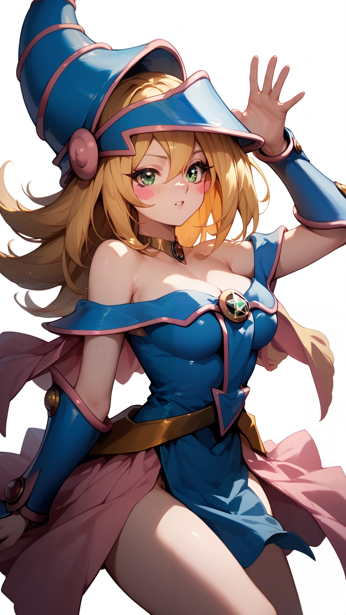 aadmg, long hair, blonde hair, hat, blue headwear, green eyes, blush stickers, breasts, choker, bare shoulders, cleavage, blue dress, vambraces, pelvic curtain, pink skirt,battle pose,