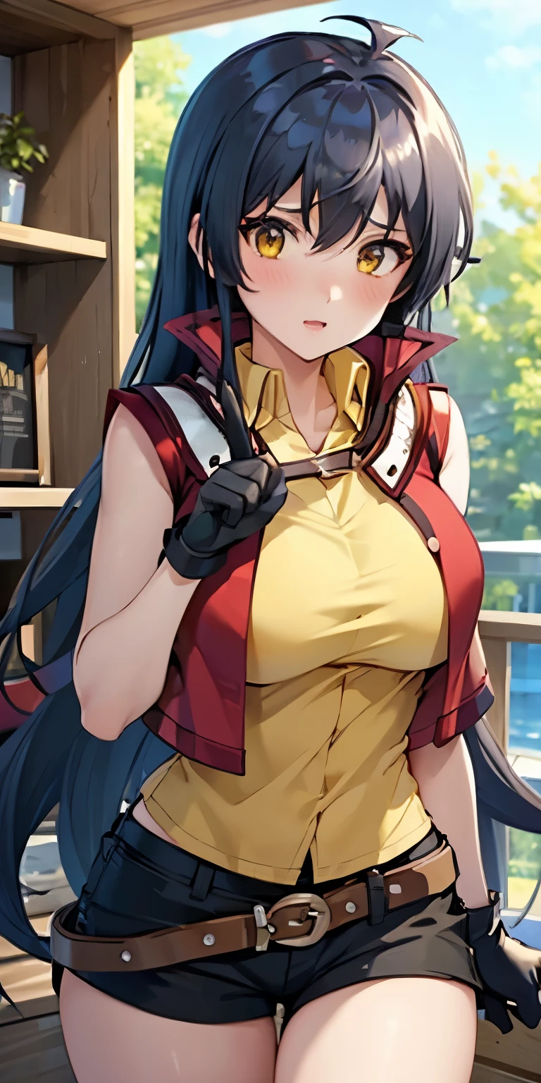 1 Female,High definition,high resolution,Ultra-realistic,8K, hmrei, long hair, black hair,yellow eyes,red jacket ,collared shirt, yellow shirt, sleeveless, belt, black shorts, black gloves, large breasts,European,sexy,Upper body close-up,Photographed from the front,Dynamic Angles,(blush), (medium tits) ,(wide thighs), bedroom,(pointing at viewer)