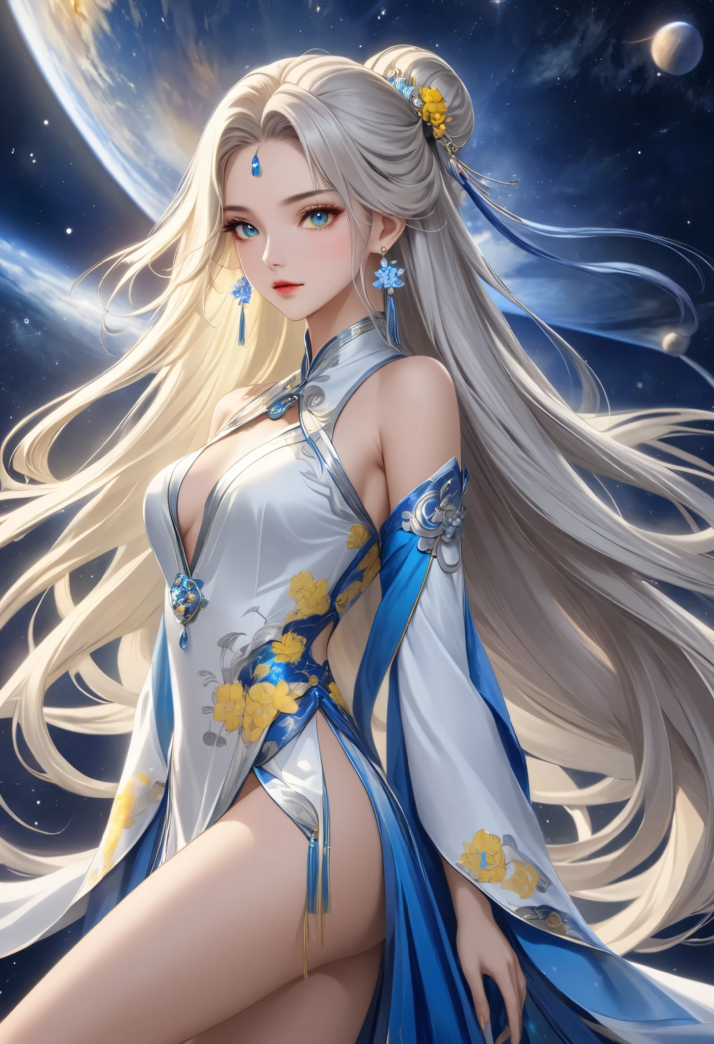  beautiful女性,  silver blonde long hair, The greatest goddess, whole body, Beautiful,  beautiful,  space facing directly opposite each other, earrings, Chinese style costume, Mysterious Outfit , blue yellow white ,  is facing here in real form,  high image quality,  Masterpiece, 8k high resolution,  anime style , 