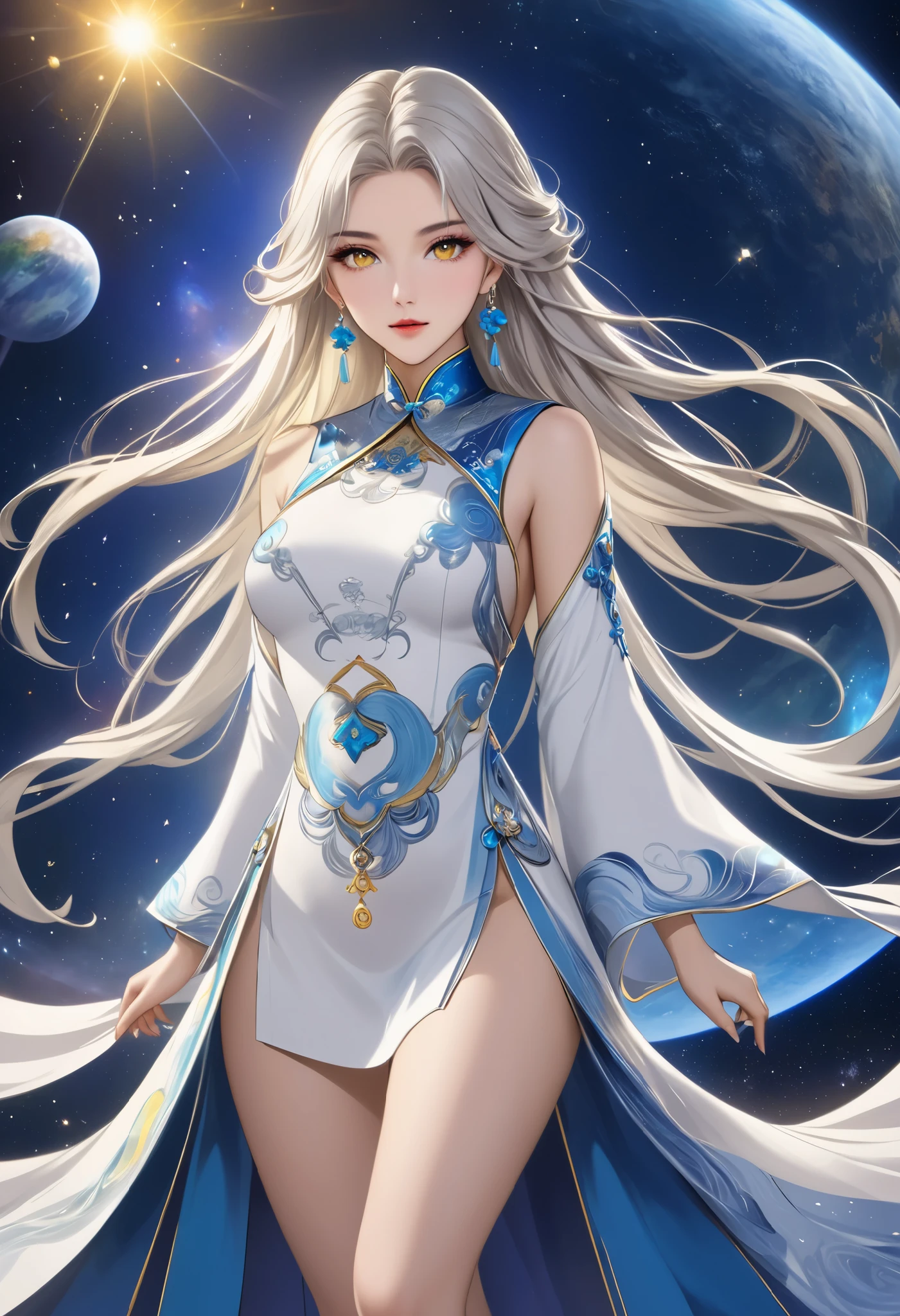  beautiful女性,  Silver Blonde Long Hair , The greatest goddess, whole body, Beautiful,  beautiful,  space facing directly opposite each other, earrings, Chinese style costume, Mysterious Outfit , blue yellow white ,  is facing here in real form,  high image quality,  Masterpiece, 8k high resolution,  anime style , 