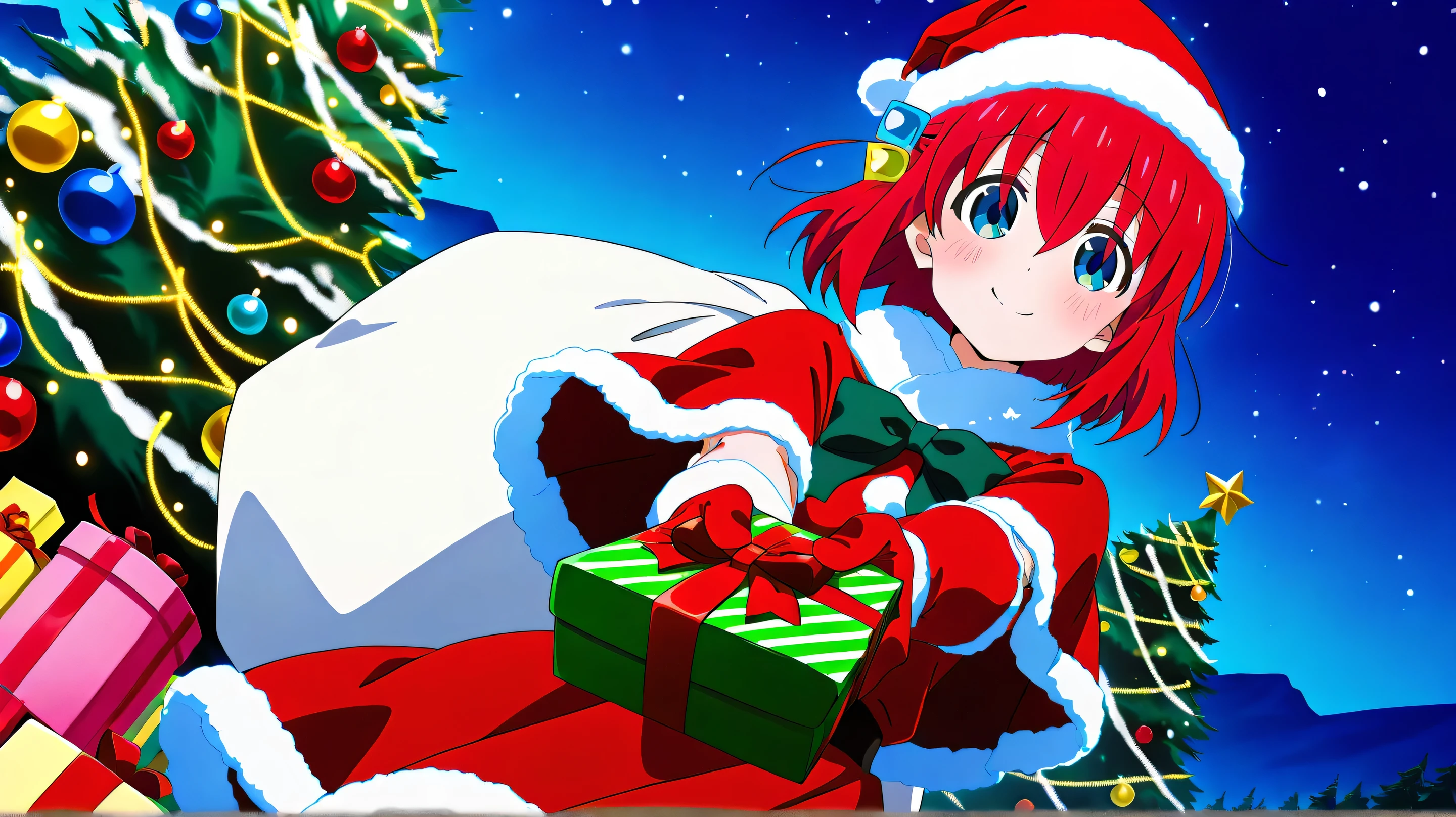 Masterpiece, Best Quality, Great Quality, Very Beautiful, Absurd, Latest, Landscape, (Anime Screen Cap), hitori gotoh,anime screencap,1girl,solo,bangs,hair between eyes,cube hair ornament,hair ornament, smile, standing,
Santa Costume, Santa's Hat, scarf, anime screencap, merry christmas, gift, fur-trimmed headwear, holding sack, santa dress, fur-trimmed dress, christmas tree, christmas tree, fur trim, red capelet, gift box, red gloves, fur-trimmed capelet, santa gloves, red hat, hat,, smile, blush, looking at viewer, incoming gift, outstretched arms, holding, holding gift, gift, gift box,, , dutch angle, cowboy shot