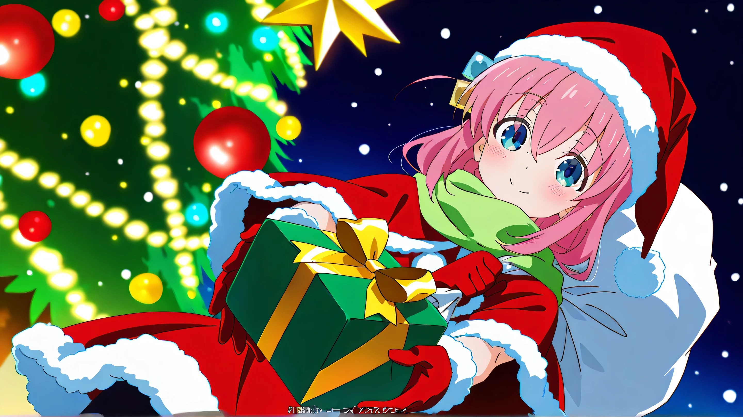 Masterpiece, Best Quality, Great Quality, Very Beautiful, Absurd, Latest, Landscape, (Anime Screen Cap), hitori gotoh,anime screencap,1girl,solo,bangs,hair between eyes,cube hair ornament,hair ornament, smile, standing,   
Santa Costume, Santa's Hat, scarf, anime screencap,  merry christmas, gift, fur-trimmed headwear, holding sack, santa dress, fur-trimmed dress, christmas tree, christmas tree, fur trim, red capelet, gift box, red gloves, fur-trimmed capelet, santa gloves, red hat, hat,, smile, blush, looking at viewer,  incoming gift, outstretched arms, holding, holding gift, gift, gift box,, , dutch angle, cowboy shot