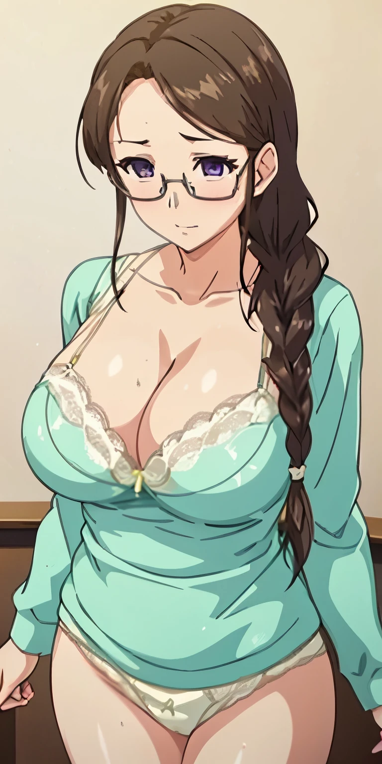 1 Female,High definition,high resolution,Ultra-realistic,8K,Green shirt,long sleeves, cleavage, collarbone,
Glasses,brown hair,purple eyes,braid,single braid,yellow hair ornament,European,sexy,Photographed from the front,Dynamic Angles,private teacher,blush,(white lace bra),(white lace panties),(pov, closed shot:1.2)