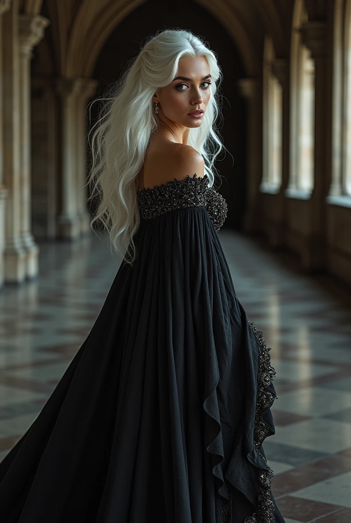 Very beautiful 15 year old girl, with white hair and white skin and blue eyes with a short black dress that shows her full body