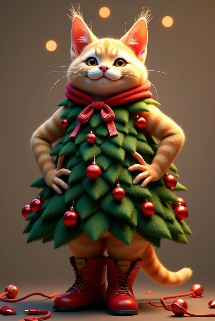 photorealistic portrait of Dressed animals - a ((fat)) (Cheshire cat) performer,(Art by loish:1.2),(Christmas theme),(cute),(happy smile:1.2), (elegant),(hands on hips:1.5), high quality,(lovely) ,(highly detailed Christmas tree costume:1.5),Christmas motif accessories, ,(highly detailed hoodie inspired by Christmas tree), ( boots),(Christmas atmosphere), (happy), soft lighting,(full body image:1.5),(Christmas  background:1.5), ,score_9, score_8_up, score_7_up, score_6_up, score_5_up, score_4_up,(looking at the camera:1.5)