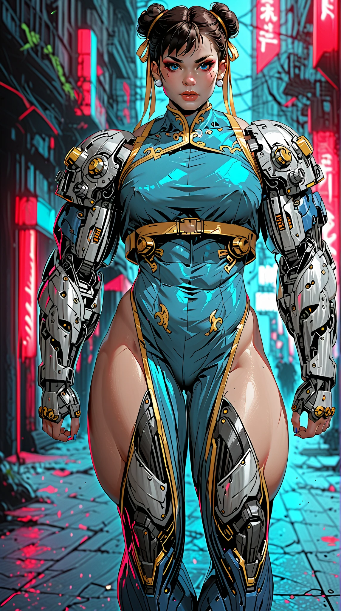 (nsfw:1), (Uncensored:1), score_9, score_8_up, score_7_up, (Three Quarters Shot), A hyper-realistic depiction of Chun-Li as a powerful, futuristic muscular cyborg warrior. She stands confidently in a dramatic cyberpunk environment with neon-lit streets and glowing holographic signs in the background. Her muscular physique is emphasized with intricate, polished cybernetic enhancements covering her arms, legs, and torso, seamlessly blending with her human features. Her iconic blue qipao is reimagined with high-tech materials, reinforced armor plating, and glowing blue accents that pulse with energy. Her buns are adorned with metallic and cybernetic details, and her face retains her strong, determined expression with glowing, piercing blue eyes. The scene features dynamic lighting, with neon blues, purples, and dark metallic tones reflecting off her cybernetic body, creating a dramatic and powerful atmosphere. Her pose is confident and battle-ready, exuding strength and grace in equal measure, arm0rpunkv4, 