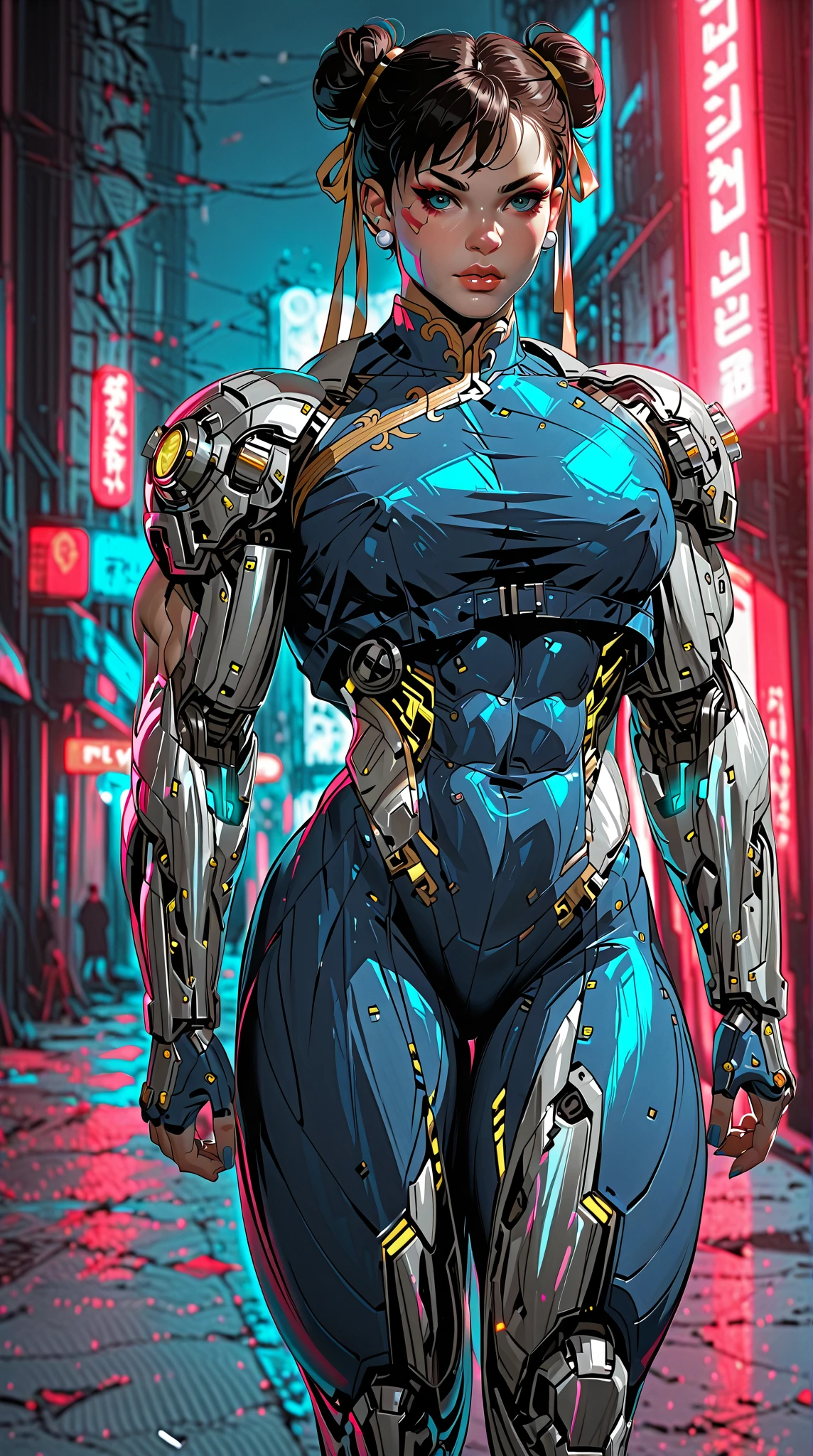 (nsfw:1), (Uncensored:1), score_9, score_8_up, score_7_up, (Three Quarters Shot), A hyper-realistic depiction of Chun-Li as a powerful, futuristic muscular cyborg warrior. She stands confidently in a dramatic cyberpunk environment with neon-lit streets and glowing holographic signs in the background. Her muscular physique is emphasized with intricate, polished cybernetic enhancements covering her arms, legs, and torso, seamlessly blending with her human features. Her iconic blue qipao is reimagined with high-tech materials, reinforced armor plating, and glowing blue accents that pulse with energy. Her buns are adorned with metallic and cybernetic details, and her face retains her strong, determined expression with glowing, piercing blue eyes. The scene features dynamic lighting, with neon blues, purples, and dark metallic tones reflecting off her cybernetic body, creating a dramatic and powerful atmosphere. Her pose is confident and battle-ready, exuding strength and grace in equal measure, arm0rpunkv4, 