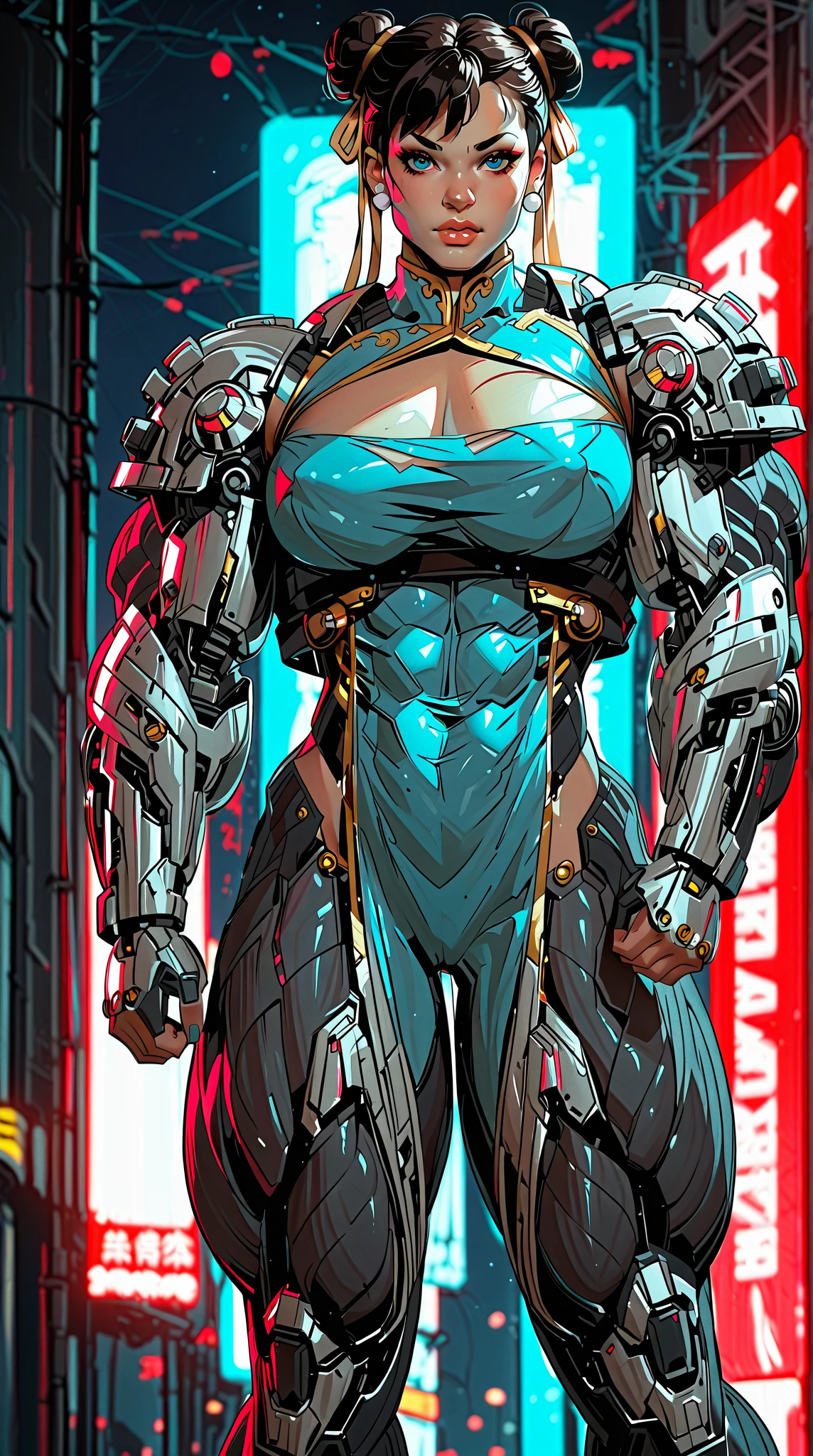 (nsfw:1), (Uncensored:1), score_9, score_8_up, score_7_up, (Three Quarters Shot), A hyper-realistic depiction of Chun-Li as a powerful, futuristic muscular cyborg warrior. She stands confidently in a dramatic cyberpunk environment with neon-lit streets and glowing holographic signs in the background. Her muscular physique is emphasized with intricate, polished cybernetic enhancements covering her arms, legs, and torso, seamlessly blending with her human features. Her iconic blue qipao is reimagined with high-tech materials, reinforced armor plating, and glowing blue accents that pulse with energy. Her buns are adorned with metallic and cybernetic details, and her face retains her strong, determined expression with glowing, piercing blue eyes. The scene features dynamic lighting, with neon blues, purples, and dark metallic tones reflecting off her cybernetic body, creating a dramatic and powerful atmosphere. Her pose is confident and battle-ready, exuding strength and grace in equal measure, arm0rpunkv4, 