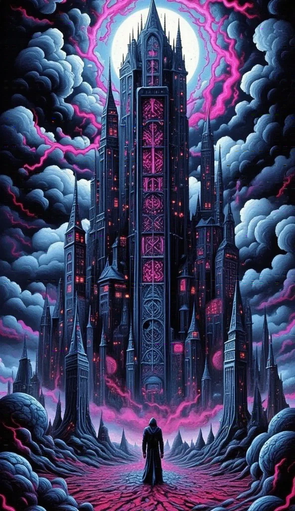 A towering dark tower rises ominously from a desolate, storm-ravaged landscape. Its jagged black spires pierce the sky, shrouded in swirling dark clouds and flashes of crimson lightning. The surface of the tower is etched with ancient, glowing runes that pulse with an eerie violet light, while the ground around it cracks and smolders as if the very earth fears its presence. A heavy mist rolls across the foreground, enhancing the tower's foreboding grandeur