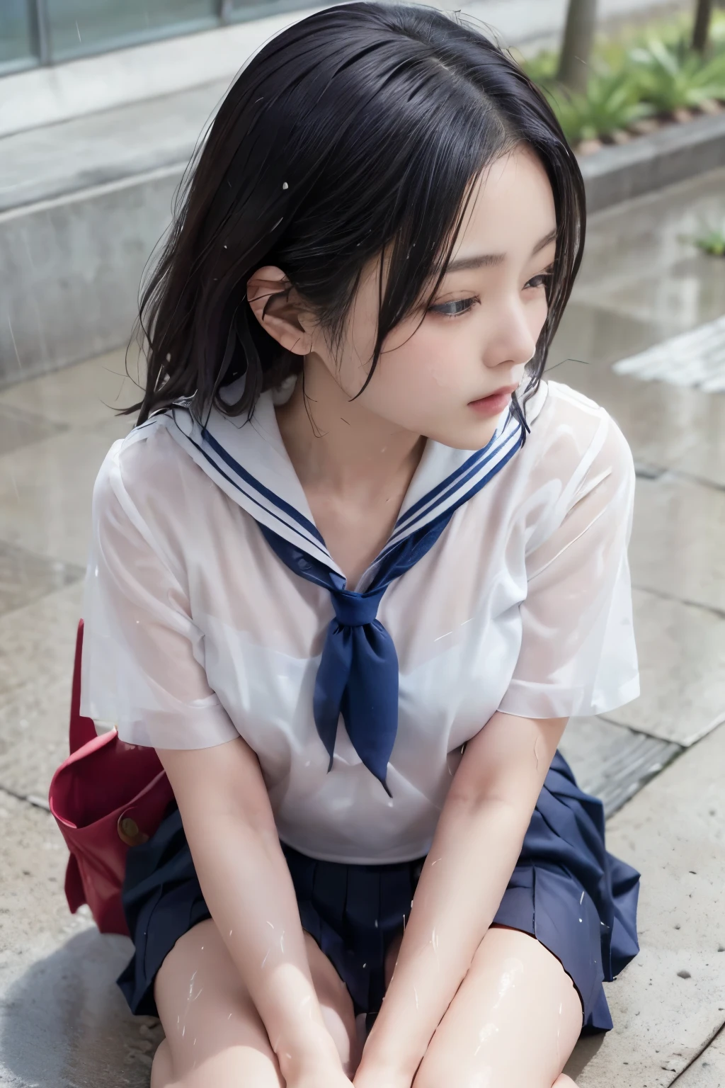  Masterpiece、( top quality:1.4)、1girl、(nsfw)、 super detailed 、low angle、foot focus、foot close-up　 black hair、 Belly Shorthair、parted hair　 big eyes、Forehead、 small face　日本の女子高生の sailor suit、 sailor suit、 skirt、プリーツ skirt、see-through、see-through brassiere、 small breasts、 Soft Thighs、 thick thighs、 long foot、小さなButt、Butt、barefoot、panty、 panties　 Soaking、 hair wet 　 sit on the ground、 sit on your knees 、 stand on your knees 、Sitting on concrete　rain、(Rain)、Puddle、concrete background　 real light 、 realistic shadows