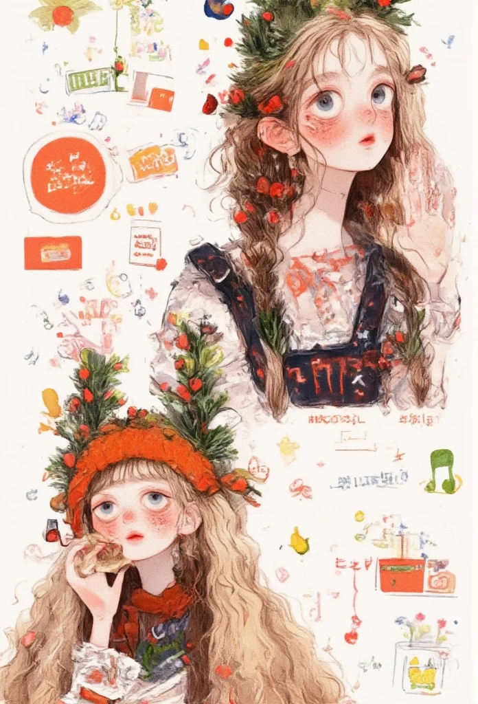        ((Christmas tree on her head)) anatomically correct illustration、The fingers of the hand５Books、The Little Match Girl、Beautiful girl, Lovely adorable girl, beautiful logo on the back of the tarot card in the center of the white background， with a female eye ，The pupils are green，Reflects the dark forest ， with the head of a gray wolf and a house , painting \(medium\) , night, sky and galaxy,  One star                 \(Sky\),                 One star                 \(symbol\),     watercolor \(medium\),  lots of white background and tarot frame  、　beautiful flower garden on her head 