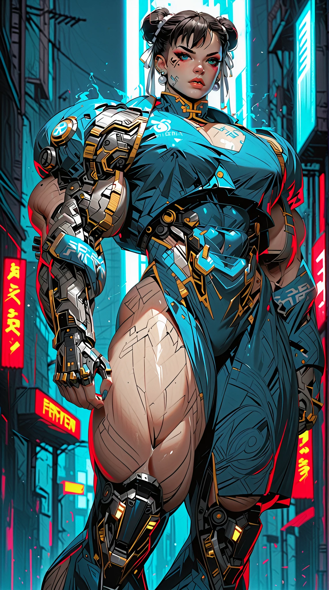 (nsfw:1), (Uncensored:1), score_9, score_8_up, score_7_up, (Three Quarters Shot), A hyper-realistic depiction of Chun-Li as a powerful, futuristic muscular cyborg warrior. She stands confidently in a dramatic cyberpunk environment with neon-lit streets and glowing holographic signs in the background. Her muscular physique is emphasized with intricate, polished cybernetic enhancements covering her arms, legs, and torso, seamlessly blending with her human features. Her iconic blue qipao is reimagined with high-tech materials, reinforced armor plating, and glowing blue accents that pulse with energy. Her buns are adorned with metallic and cybernetic details, and her face retains her strong, determined expression with glowing, piercing blue eyes. The scene features dynamic lighting, with neon blues, purples, and dark metallic tones reflecting off her cybernetic body, creating a dramatic and powerful atmosphere. Her pose is confident and battle-ready, exuding strength and grace in equal measure, arm0rpunkv4, 