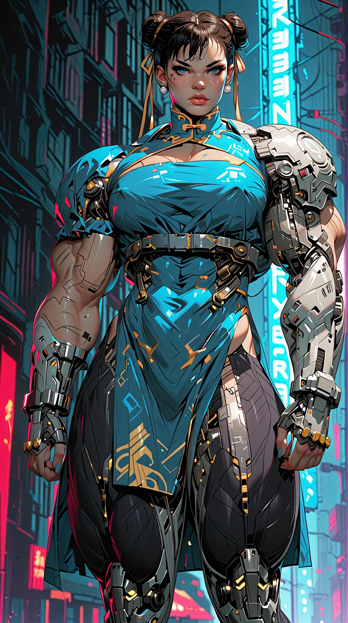 (nsfw:1), (Uncensored:1), score_9, score_8_up, score_7_up, (Three Quarters Shot), A hyper-realistic depiction of Chun-Li as a powerful, futuristic muscular cyborg warrior. She stands confidently in a dramatic cyberpunk environment with neon-lit streets and glowing holographic signs in the background. Her muscular physique is emphasized with intricate, polished cybernetic enhancements covering her arms, legs, and torso, seamlessly blending with her human features. Her iconic blue qipao is reimagined with high-tech materials, reinforced armor plating, and glowing blue accents that pulse with energy. Her buns are adorned with metallic and cybernetic details, and her face retains her strong, determined expression with glowing, piercing blue eyes. The scene features dynamic lighting, with neon blues, purples, and dark metallic tones reflecting off her cybernetic body, creating a dramatic and powerful atmosphere. Her pose is confident and battle-ready, exuding strength and grace in equal measure, arm0rpunkv4, 