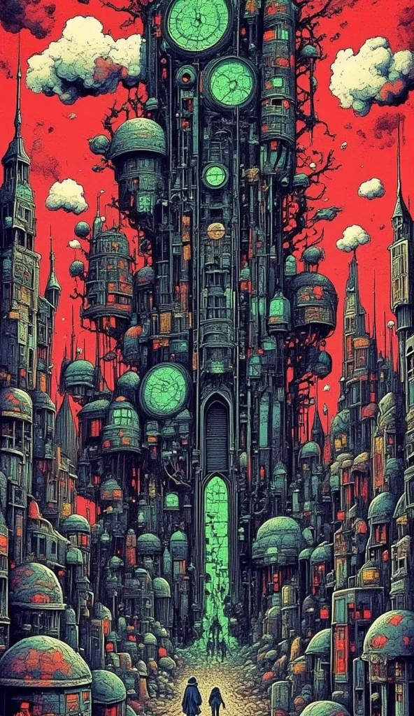 In the heart of a cursed wasteland stands an enormous dark tower, its architecture twisted and grotesque, as if forged by malevolent forces. The tower is crowned with sharp, claw-like battlements reaching toward the blood-red sky. Shadowy figures and ravens circle the upper levels, while a dim, green glow seeps out of cracked windows and spiraling balconies. Ethereal flames flicker along its surface, as distant screams echo faintly in the wind