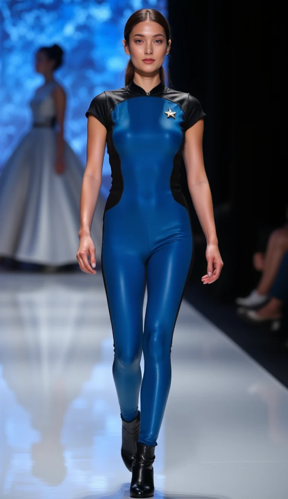 a high quality sharp photo still of stunning spanish woman supermodel wearing blue STSKNT short uniform with black shoulders and sides and with short sleeves walking on a fashion runway.