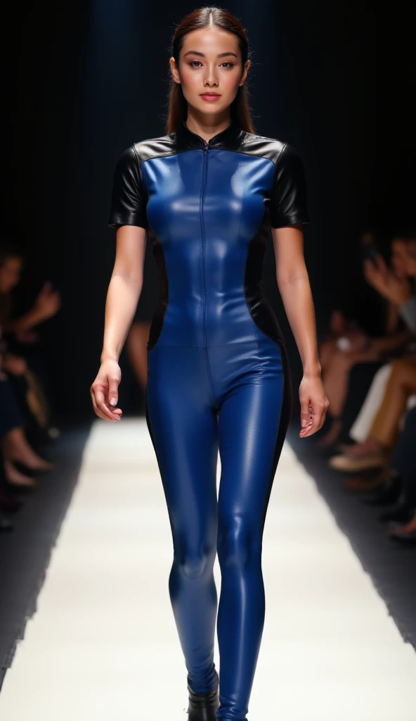 a high quality sharp photo still of stunning spanish woman supermodel wearing blue STSKNT short uniform with black shoulders and sides and with short sleeves walking on a fashion runway.