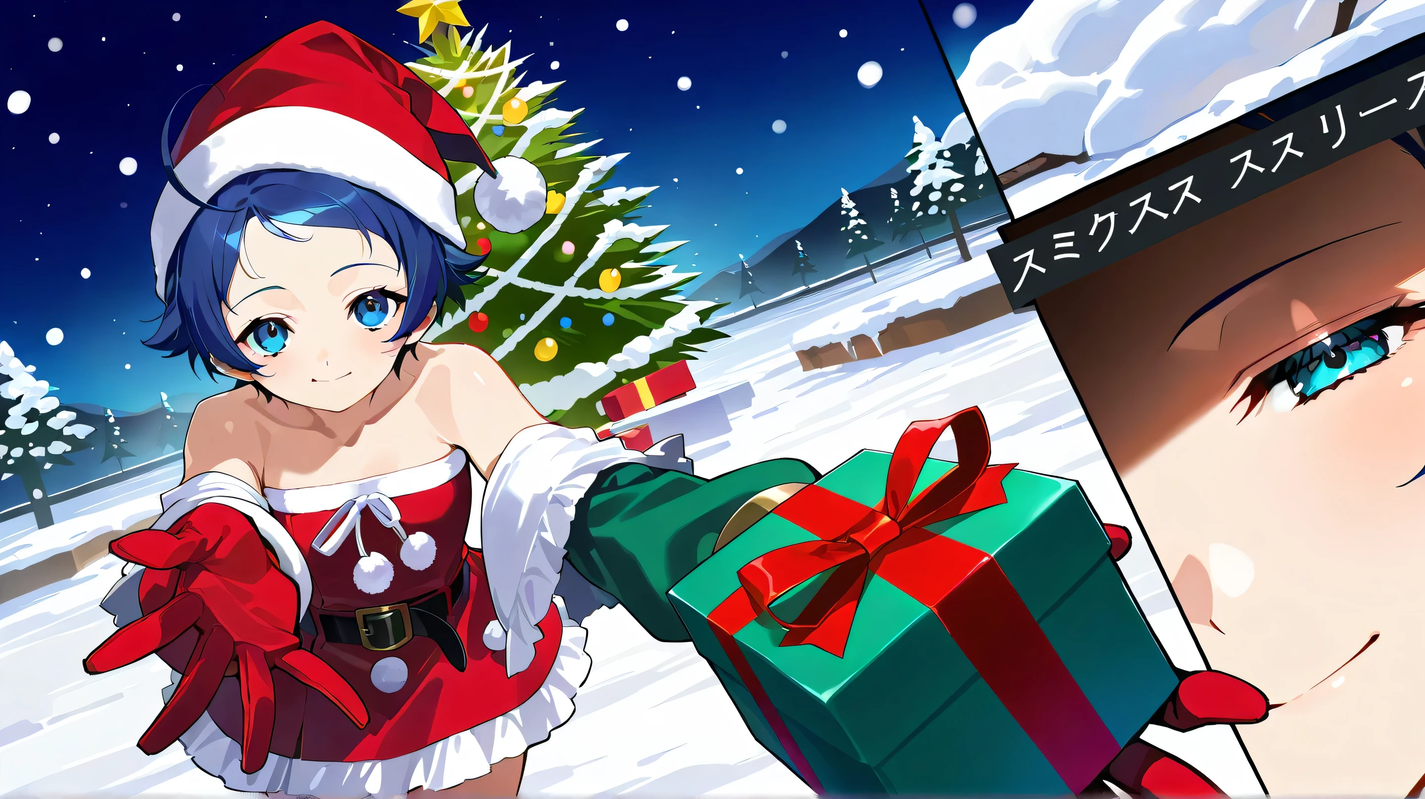 score_9, score_8_up, score_7_up, source_anime, 1girl, solo, outdoors, cowboy shot, looking at viewer, shiny skin, close-up,  standing, senoo_aiko, ahoge, blue eyes,blue hair, short hair, forehead,  santa hat, santa dress, strapless dress, off shoulder, bare shoulders, red skirt, frills, black belt, pom pom (clothes), red dress, puffy long sleeves, red gloves, christmas tree, snow, incoming gift, holding gift, gift box, smile, closed mouth