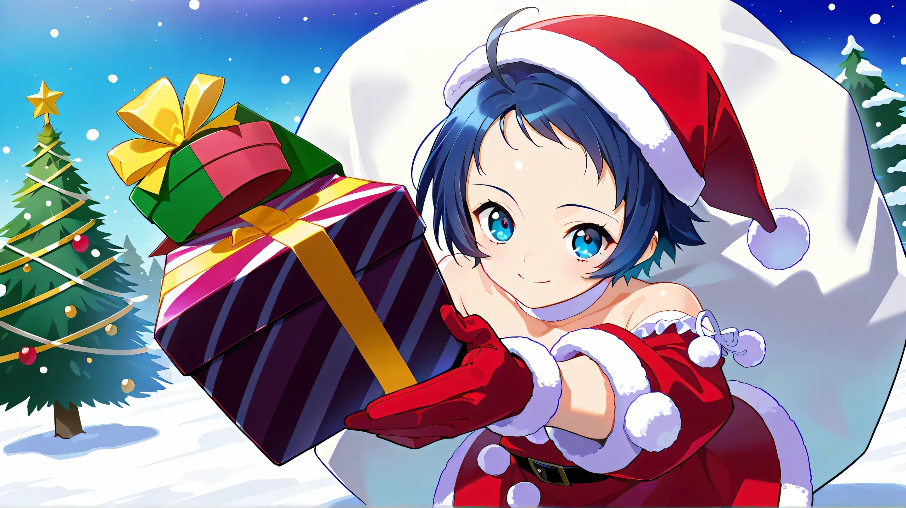 score_9, score_8_up, score_7_up, source_anime, 1girl, solo, outdoors, cowboy shot, looking at viewer, shiny skin, close-up,  standing, senoo_aiko, ahoge, blue eyes,blue hair, short hair, forehead,  santa hat, santa dress, strapless dress, off shoulder, bare shoulders, red skirt, frills, black belt, pom pom (clothes), red dress, puffy long sleeves, red gloves, christmas tree, snow, incoming gift, holding gift, gift box, smile, closed mouth