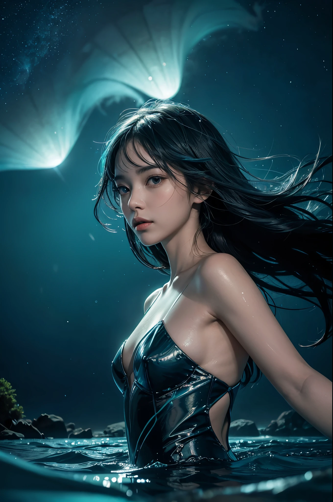 tmasterpiece, Need good, 1 persons, , Mature woman, Tall muscular man, Dark theme, Magic Array, airbubble, rainbow Sunlight, under the water, mirrors, float glass plate, Rainbow light, airbubblewhirlpool, Wind vortex, extreme light, Fantastic landscape, Starlight around the character, (The upper part of the body), Naked on The upper part of the body, Having a unicorn tattoo