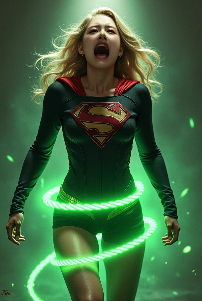 A glowing green rope wraps around Supergirl's stomach.,The rope also wraps around Supergirl's legs.,Supergirl has a pained look on her face.