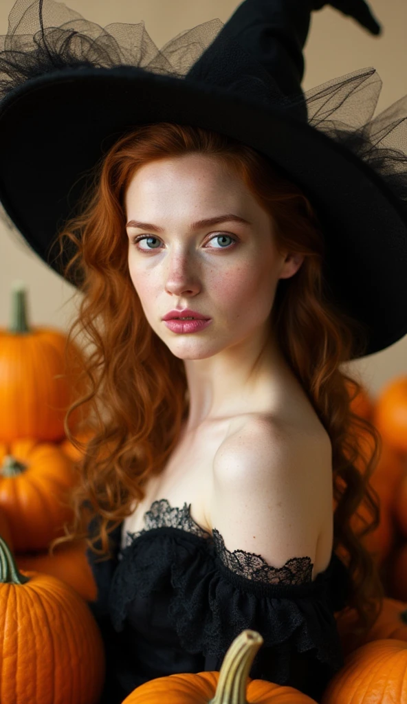 A captivating Halloween-themed portrait showcases a young woman with striking features against a backdrop of autumnal pumpkins. She wears an elegant witch's costume, complete with a large black pointed hat adorned with wispy strands. Her auburn hair cascades in loose curls from beneath the hat, framing her pale, freckled complexion. Vibrant blue eyes gaze directly at the viewer with an alluring intensity, while her full lips are painted a soft rose hue. The woman's slender shoulders are bare, with a black lace-trimmed garment visible. Surrounding her are numerous orange pumpkins of varying sizes, creating a festive harvest atmosphere. The lighting is soft and warm, casting a gentle glow on her skin and the pumpkins, enhancing the autumnal mood. The background is a muted beige, allowing the rich orange of the pumpkins and the deep black of her attire to stand out dramatically. The image has a shallow depth of field, keeping the focus on the subject while softly blurring the pumpkins in the foreground and background. The overall style is reminiscent of high-fashion photography, with meticulous attention to detail in the makeup, costume, and set design, creating a bewitching and sophisticated Halloween portrait.