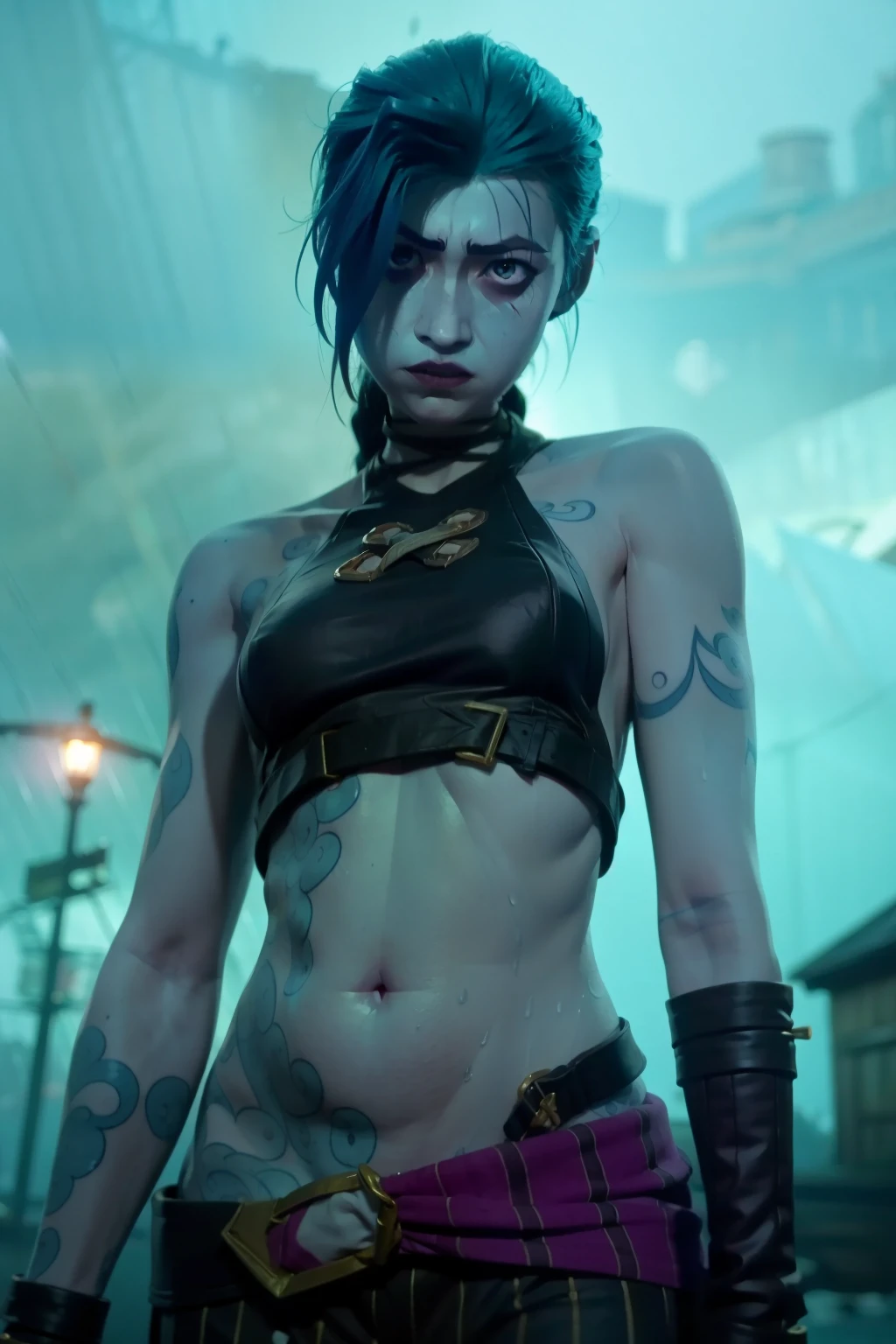 jinx league of legends, detailed , angry face, In dynamic pose, blue tattoo, skinny body, belly tattoo . Dynamic Angle, best quality, masterpiece, UHD, 4K. (( rain, Thunder background)), ((cinematic lighting:1.4))