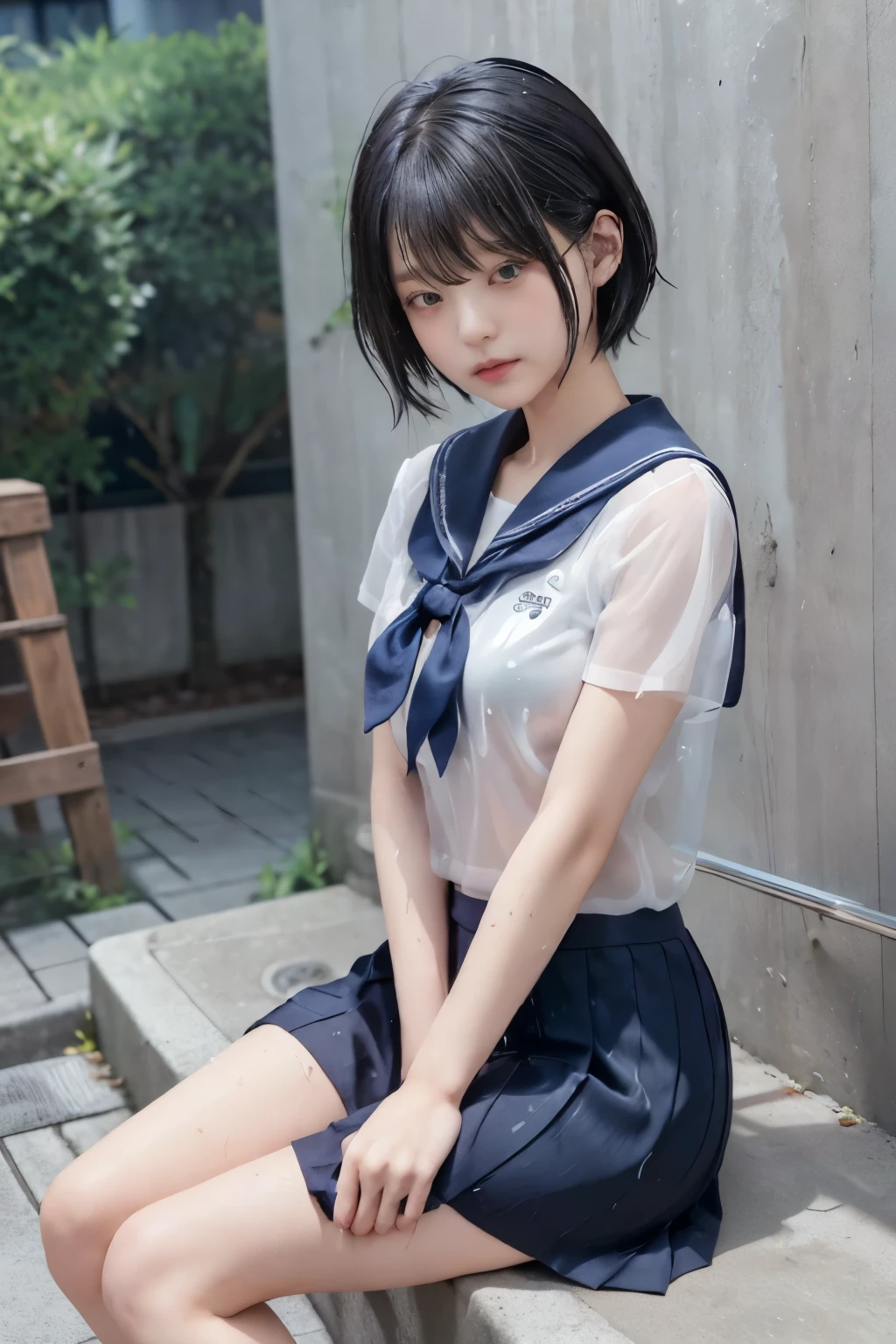  Masterpiece、( top quality:1.4)、1girl、(nsfw)、 super detailed 、low angle、foot focus、foot close-up　 black hair、 Belly Shorthair、parted hair　 big eyes、Forehead、 small face　日本の女子高生の sailor suit、 sailor suit、 skirt、プリーツ skirt、see-through、see-through brassiere、 small breasts、 Soft Thighs、 thick thighs、 Back of Thigh 、 long foot、 small butt、underwear　 Soaking、 hair wet 　 sit on the ground、Sit with both knees up、Sit with your legs closed and your knees standing、Sitting on concrete　rain、(Rain)、Puddle、concrete background　 real light 、 realistic shadows