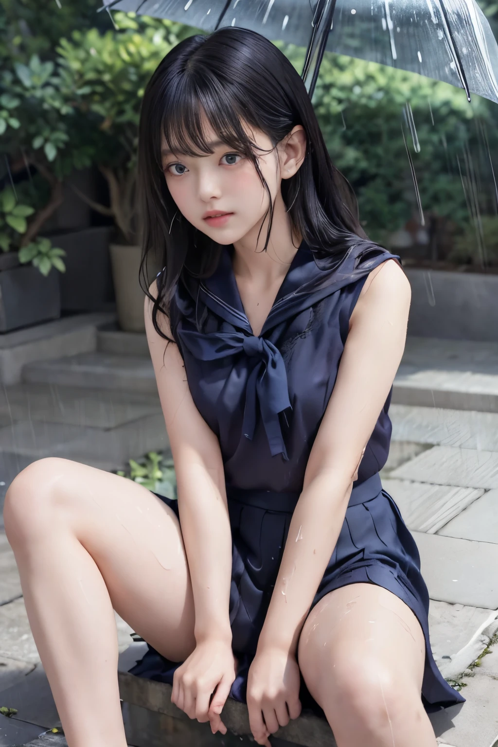 Masterpiece、( top quality:1.4)、1girl、(nsfw)、 super detailed 、low angle、foot focus、foot close-up black hair、 Belly Shorthair、parted hair big eyes、Forehead、 small face 日本の女子高生の sailor suit、 sailor suit、 skirt、プリーツ skirt、see-through、see-through brassiere、 small breasts、 Soft Thighs、 thick thighs、 Back of Thigh 、 long foot、 small butt、underwear Soaking、 hair wet sit on the ground、Sit with both knees up、Sit with your legs closed and your knees standing、Sitting on concrete rain、(Rain)、Puddle、concrete background real light 、 realistic shadows