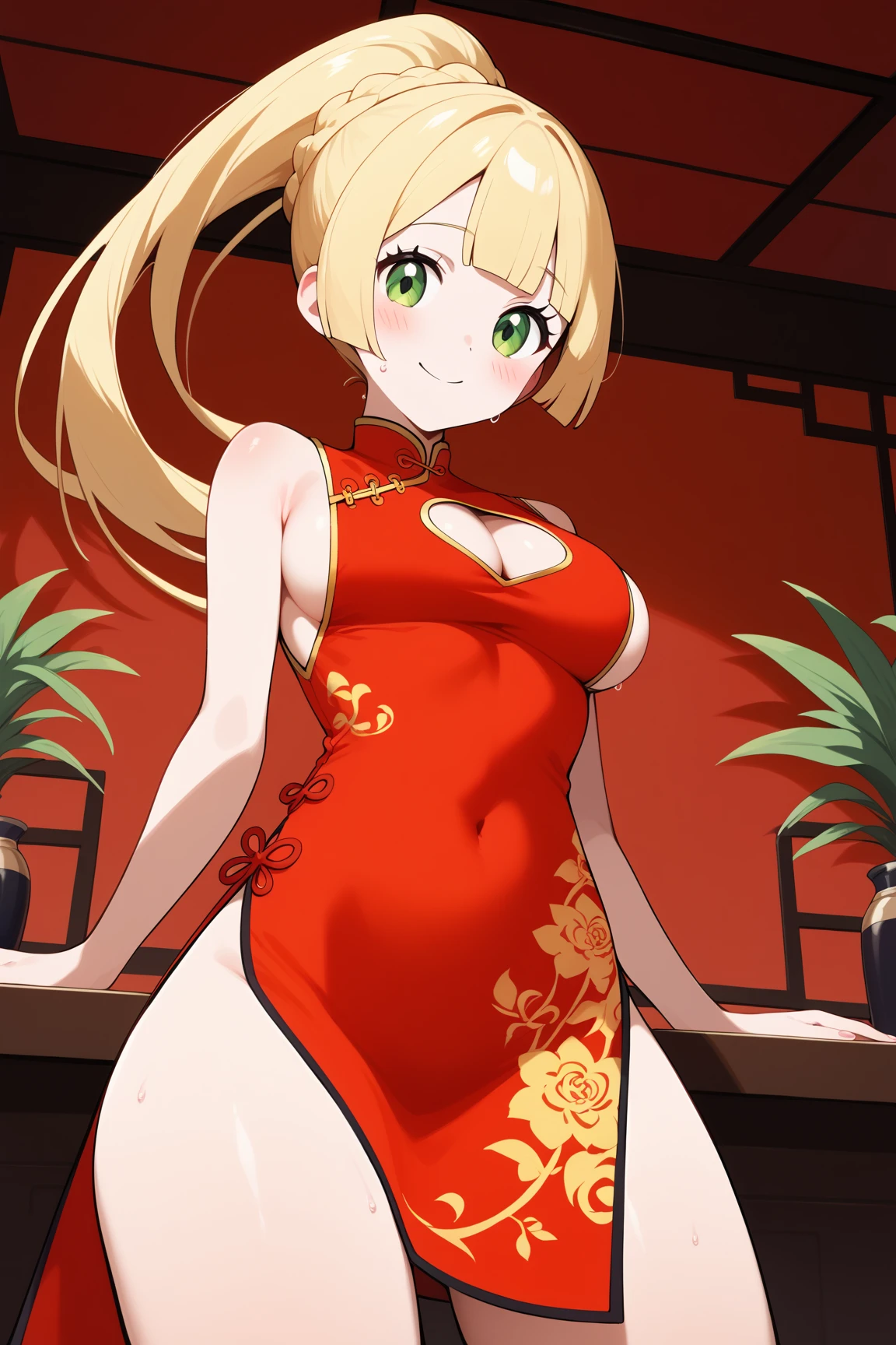 Lilie,megami magazine,long hair,blonde hair,ponytail,hair between eyes,blunt bangs,green eyes,medium breasts,
((bare shoulders,red china dress,red chinese clothes,red short dress,cleavage cutout,sideboob,thighs)),
1girl,panty shot,(is smile,big blush,looking at viewer:1.0),sweat,
((cowboy shot,from below:1.2)),
(China restaurant background:1.0),clothed