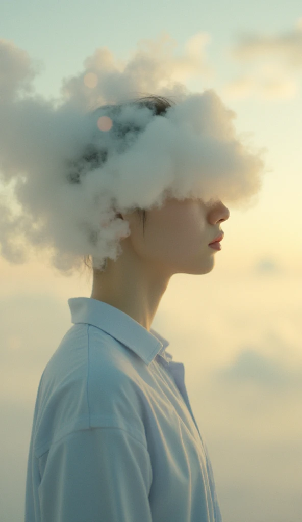 A surreal scene unfolds featuring a young adult with a serene expression, embodying an ethereal quality as they stand amidst a dreamlike landscape. Their skin is a smooth, warm beige, glowing softly against the backdrop of billowing clouds that obscure the upper half of their face, transforming their head into a whimsical amalgamation of vapor and mist. The person's slim profile is accentuated by a light, pale blue shirt, the fabric gently catching the ambient light that filters through the cloud-like formations surrounding them. Wisps of cloud swirl around, appearing almost alive as they wrap around the figure, creating a striking silhouette. The background is painted with a gradient of dreamy pastels—soft oranges and blues blending seamlessly, creating an atmosphere of tranquility and wonder. Tiny specks of light, reminiscent of distant stars, twinkle amid the clouds, adding to the enchantment of the scene. The image employs a blend of digital painting and photorealistic techniques, highlighting intricate texture within the clouds while maintaining a soft focus on the character, enhancing the otherworldly feel. The overall composition invites the viewer into a whimsical realm, where the boundaries between human and nature blur, evoking feelings of contemplation and imagination.