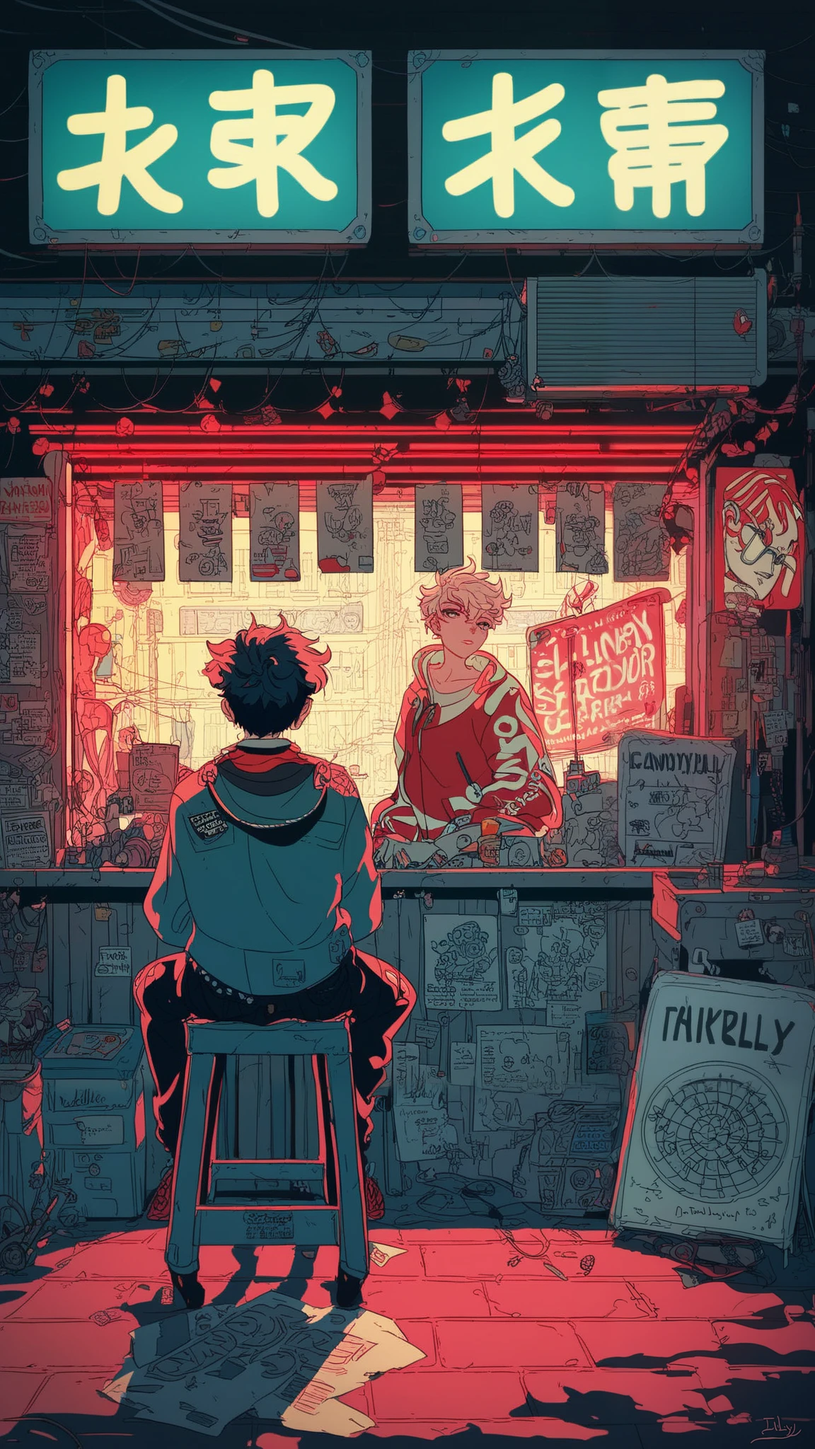 anime style, cool and edgy, thicker outlines, painterly elements, fine details, soft edges, A young man sitting at his back at a small urban food stall, wearing a jacket, dimly lit by red neon lights, surrounded by signs, dark ambience, moody, flat and minimalist lineart design, immersive, tattos, fashionable, posing, expression, stylish, striking, modern, fashion