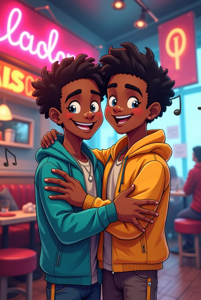 Two Rappers Smiling Two happy male rapper boys hugging each other looking at the camera ...