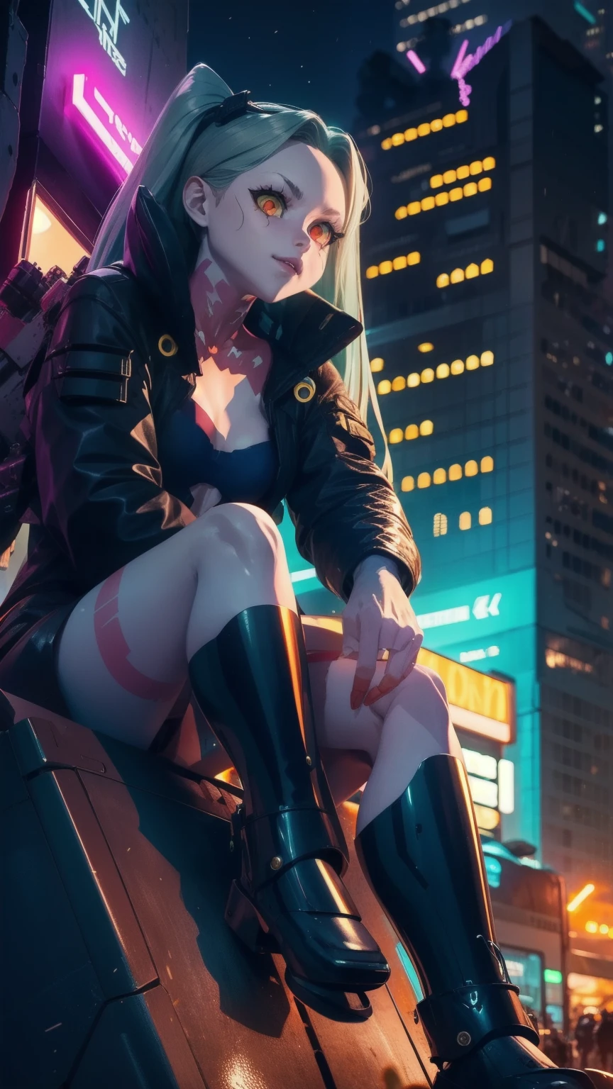 Rebecca, sitting over a giant mecha robot in a cyberpunk city at night.