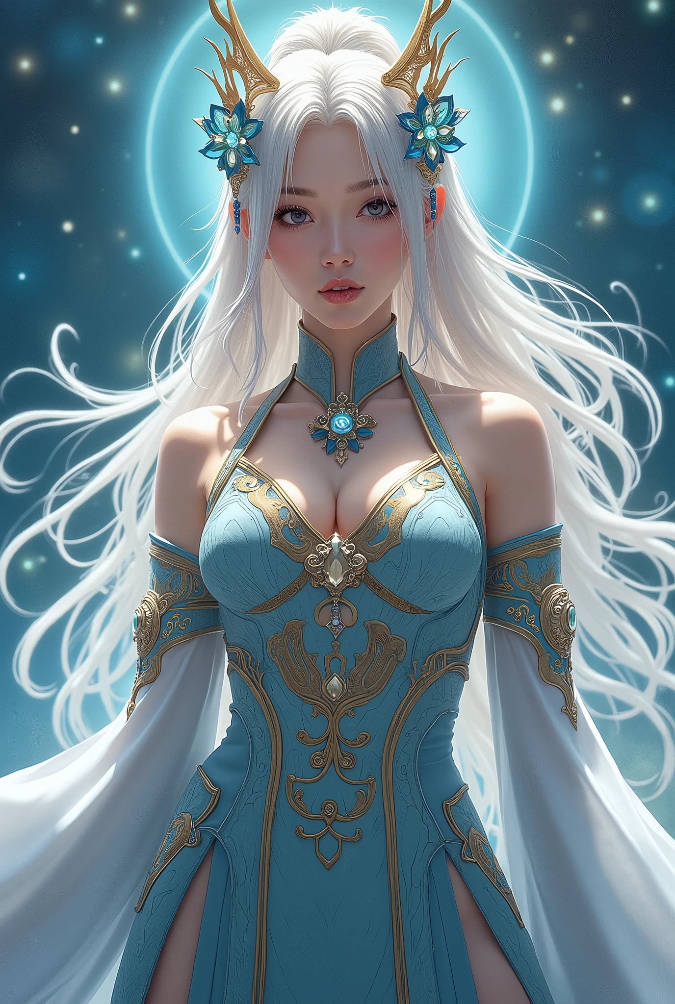  beautiful女性,  silver blonde long hair, The greatest goddess, whole body, Beautiful,  beautiful,  space facing directly opposite each other, earrings, Chinese style costume, Mysterious Outfit , blue gold silver yellow white ,  is facing here in real form,  high image quality,  Masterpiece, 8k high resolution,  anime style , 