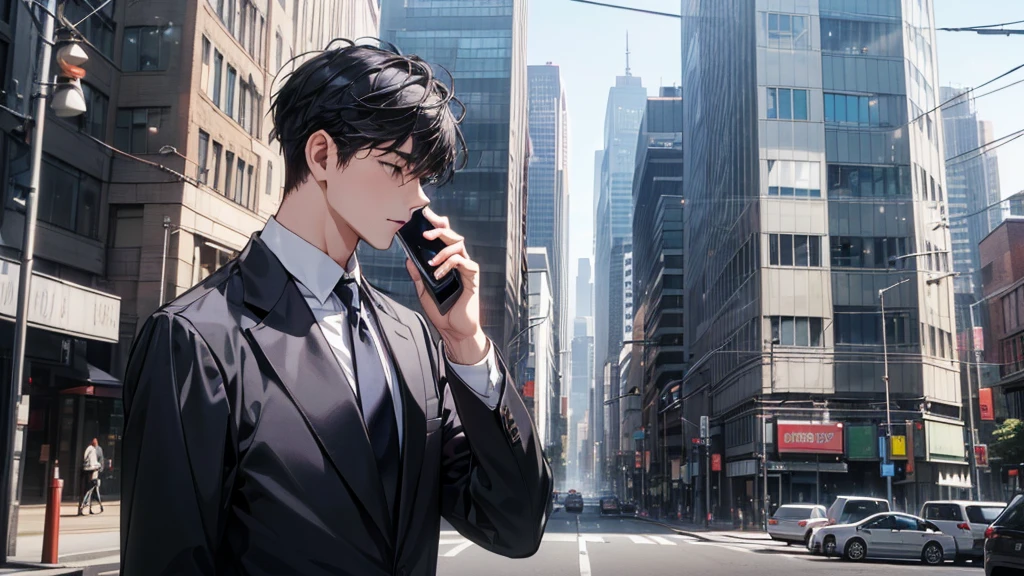 (alone),((30 year old adult male , black hair、Short Hair))、((Black suit、 white shirt、Blue tie))、((standing)),((talking phone))、((city,Around town、Daytime))、(day)),((looking at another))、((from side front)),((upper body))