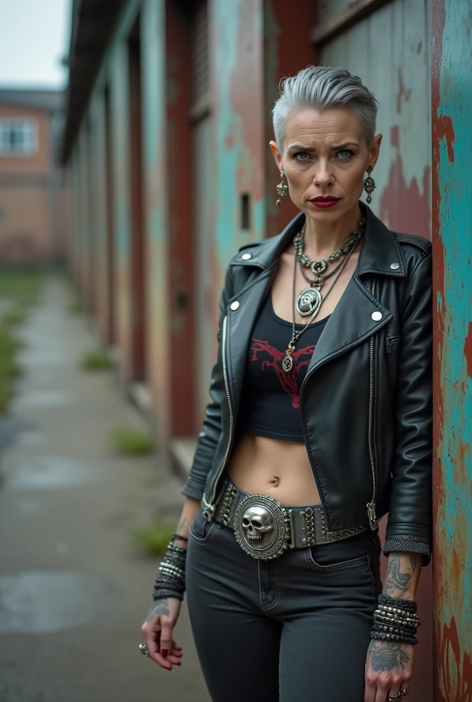 russian old milf woman, platinum blonde hair (top bun) and black parsleybandana as headband, with very light blue eyes, extremely pale. Wearing studded cropped black moto jacket (with lots of zippers and pins),  black and white lace push up bra , dark skinny blue jeans with holes on knees and pointy black Chelsea boots with cuban heels  . Studded Choker. Lots of metallic and studded bracelets and long collars. Tacky wide studded leather belt with oversized skull and bones buckle. Long earrings. Squatting, looking at the camera, humble facial expression. Hands on her knees,   Listening in amazement to somebody speaking to her, toned six pack abdominals, thin neck, slim legs and thin arms. Tattoed heavily.  Graffitied brick wall in Nairobi, people crowded behind her